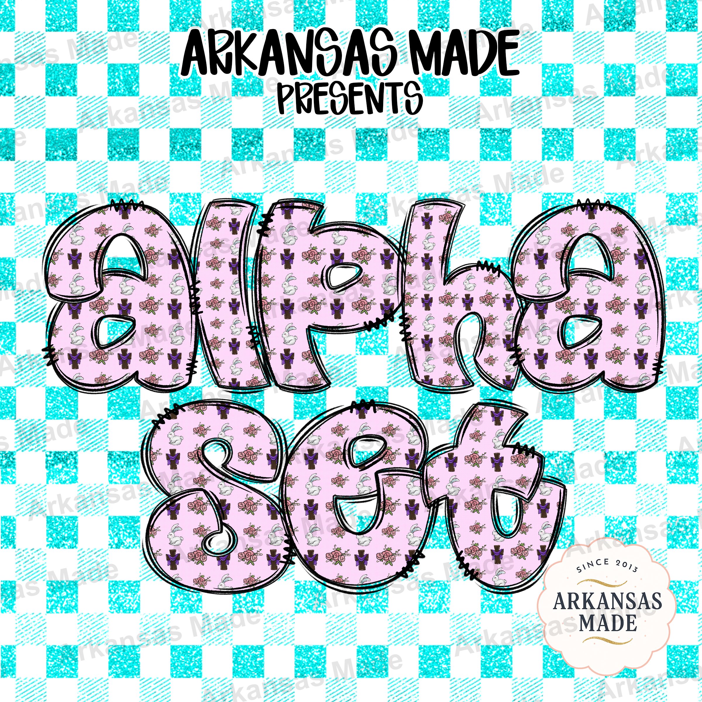 Easter Bunny Cross Alpha Set Digital, Spring Floral Pink Glitter Teal Gingham Letters PNG Bundle, Sublimation Alphabet Clipart File