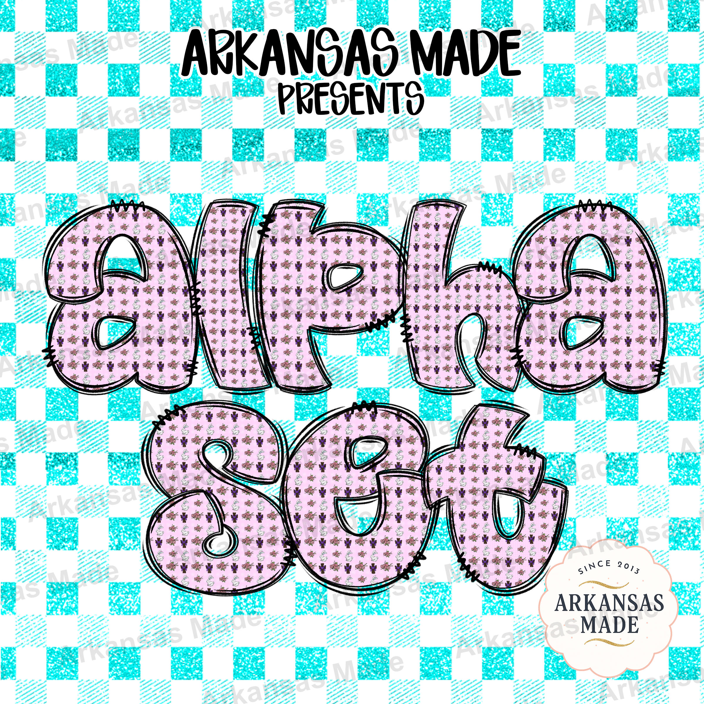 Easter Alpha Set Digital Download, Cute Bunny Rose Cross Letters, Teal Glitter Gingham Font PNG for Sublimation & Crafting
