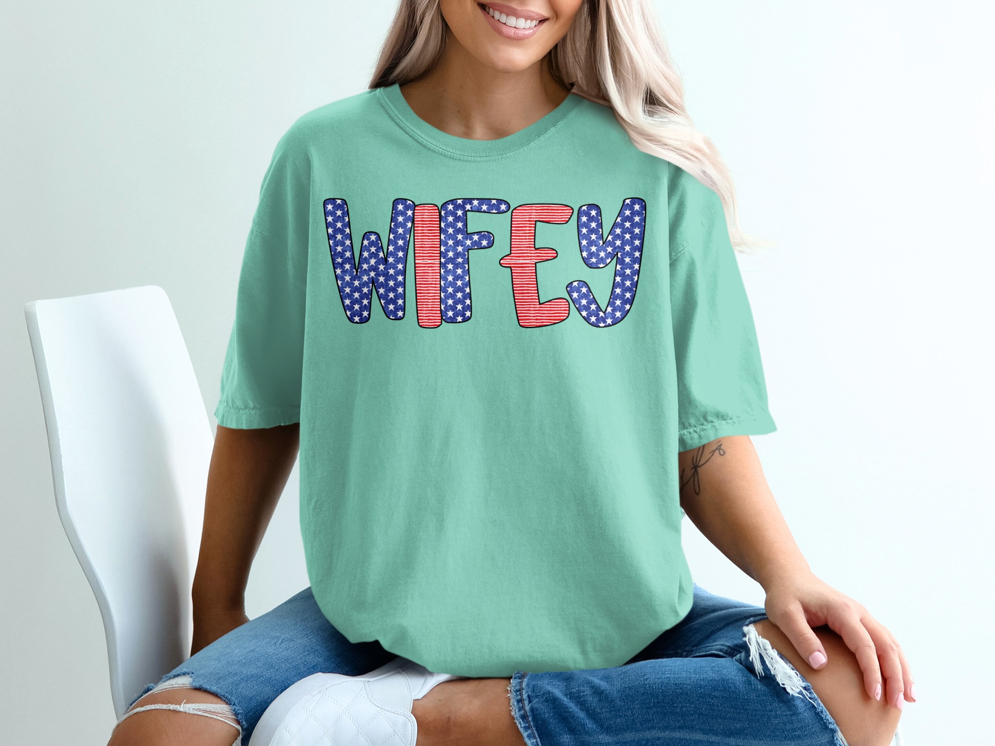 Patriotic Wifey T-Shirt, American Flag Wifey Shirt, Fourth of July Wife Tee, Military Spouse Gift, Engagement Gift, New Mrs. Country Style - Image 10