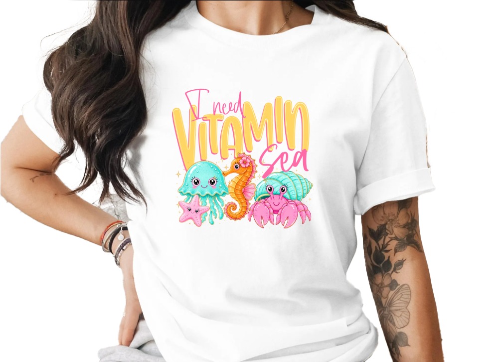 Vitamin Sea T-Shirt, Cute Ocean Lover Tee, Kawaii Beach Vacation Shirt, Faux Glitter Sea Creature Top, Summer Vibes Gift for Her