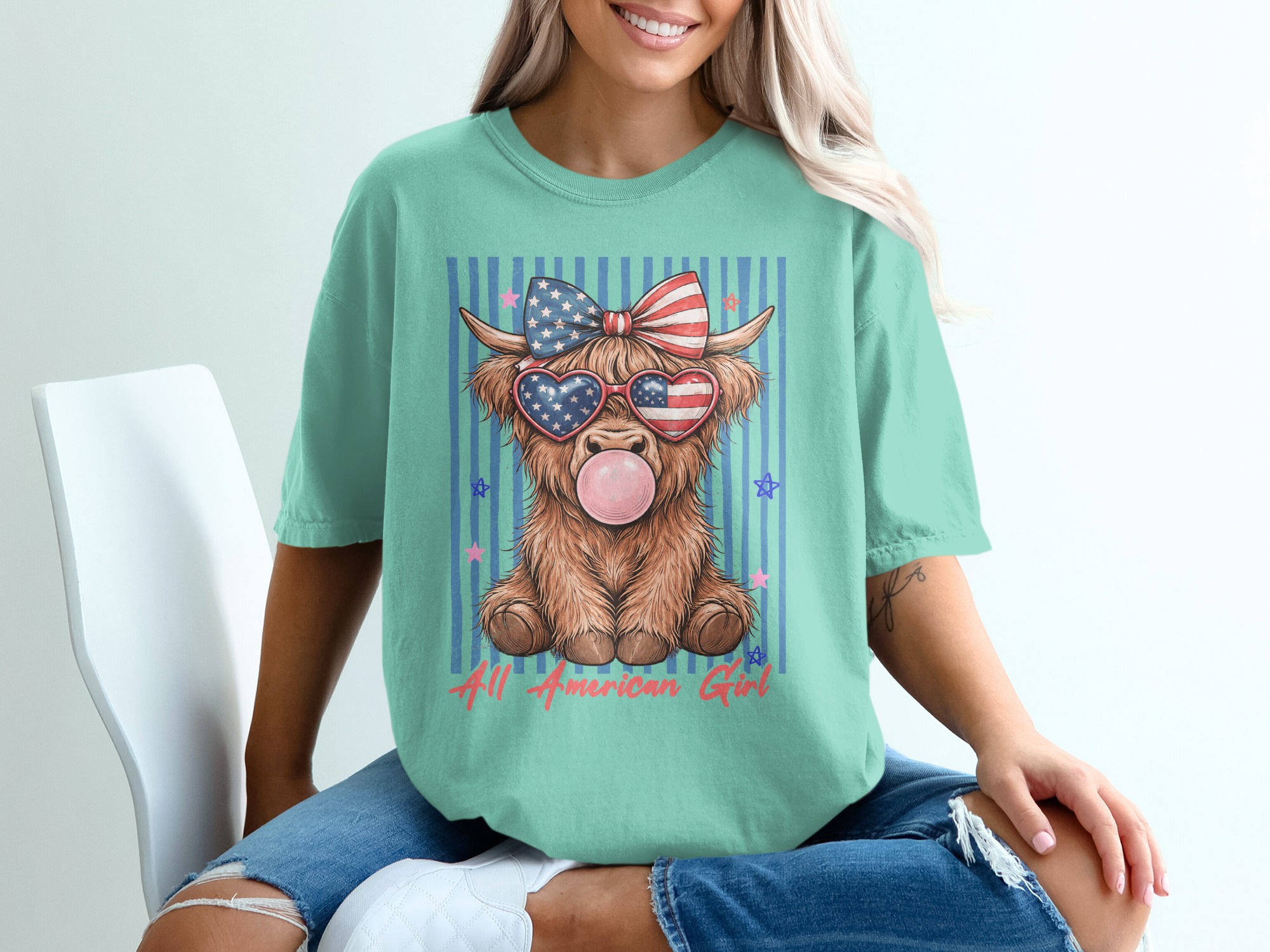Comfort Colors® Highland Cow T-Shirt, All American Girl Patriotic Summer Tee, Cute 4th of July Western Cowgirl Gift for Her. - Image 10