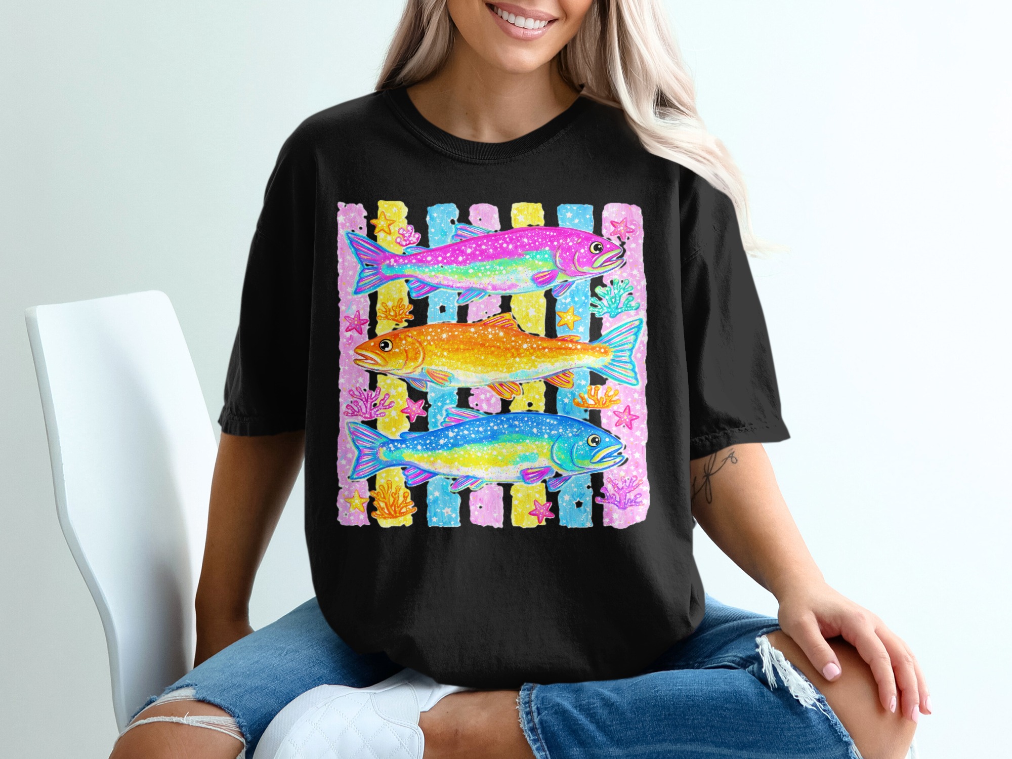 Sparkly Rainbow Fish T-Shirt, Colorful Kawaii Ocean Comfort Colors ® Tee, Y2K Aesthetic Vibrant Marine Life Shirt, Cute Summer Gift For Her - Image 2