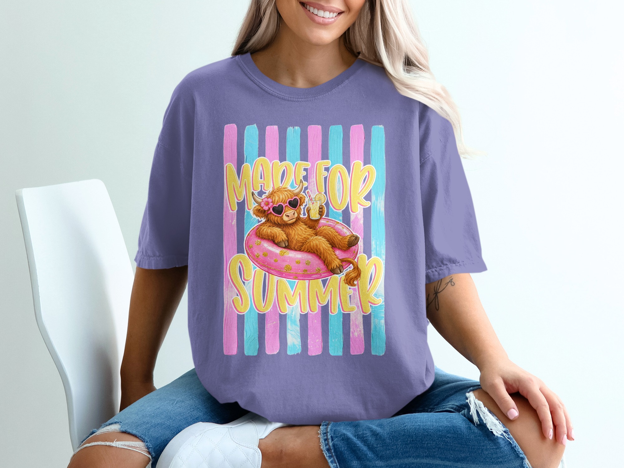 Comfort Colors ® Made For Summer Highland Cow T-Shirt, Vacation Mode Cute Cow Shirt, Beachy Pink Glitter Highland Cattle Tee, Funny Animal - Image 13