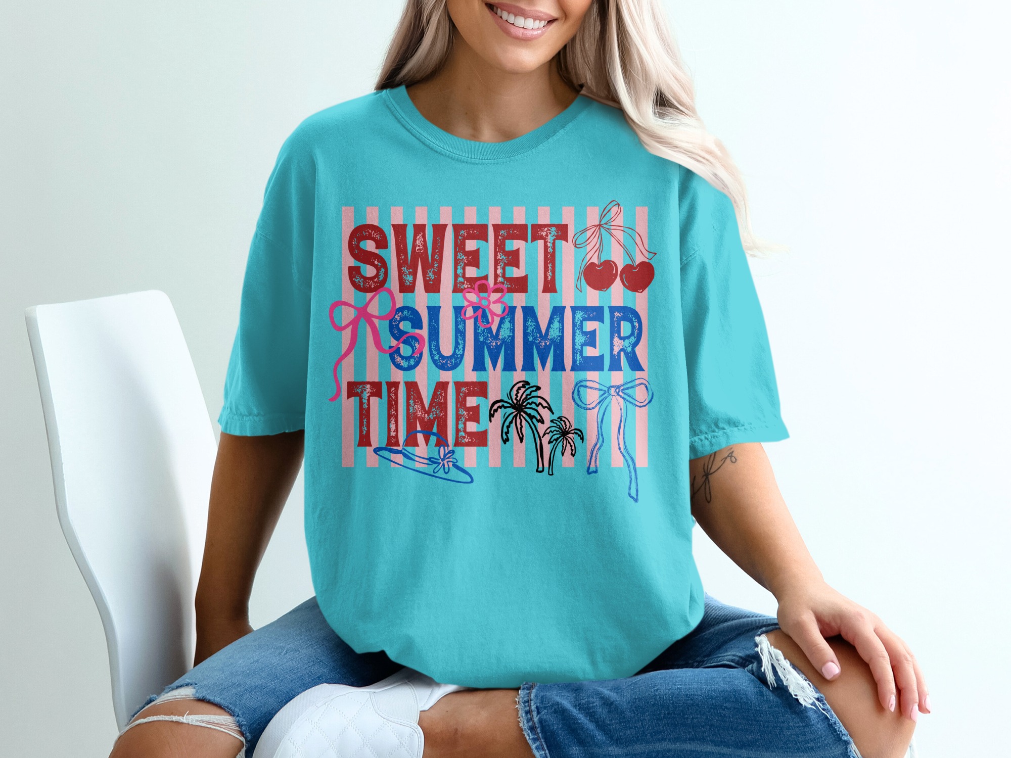 Sweet Summer Time T-Shirt, Retro Patriotic Summer Vibes Tee, Cherry Bow Palm Tree Shirt, Beach Vacation Outfit, Fourth of July Gift - Image 9