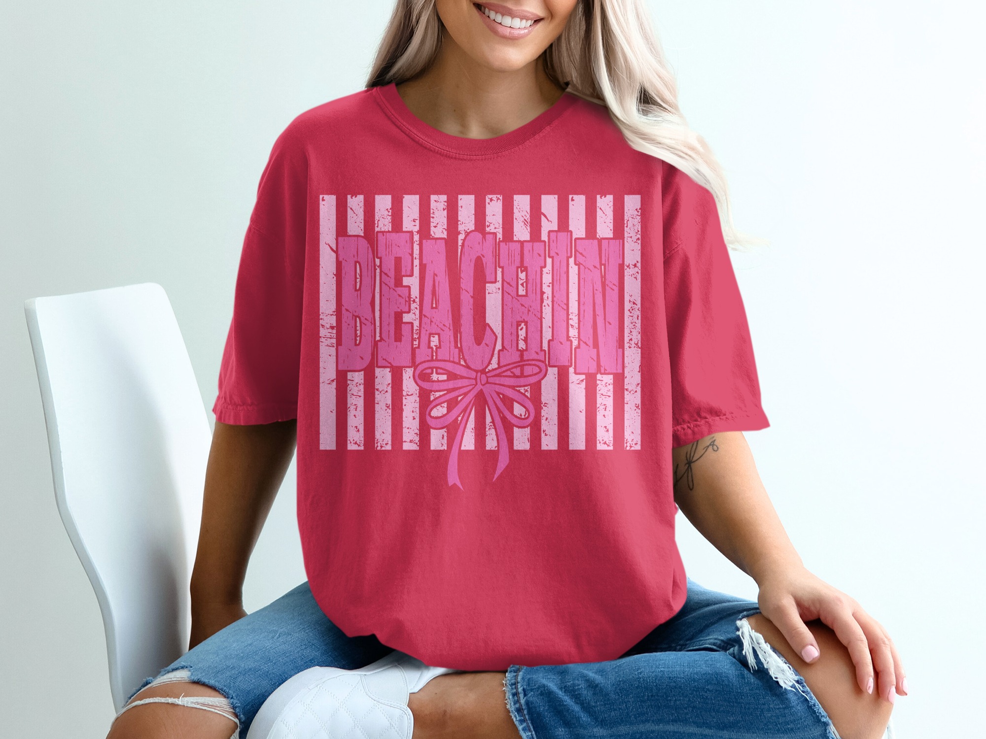 Beachin' T-Shirt, Pink Bow Tee, Summer Vacation Shirt, Barbiecore Aesthetic, Coquette Beach Top, Trendy Apparel Gift - Image 14
