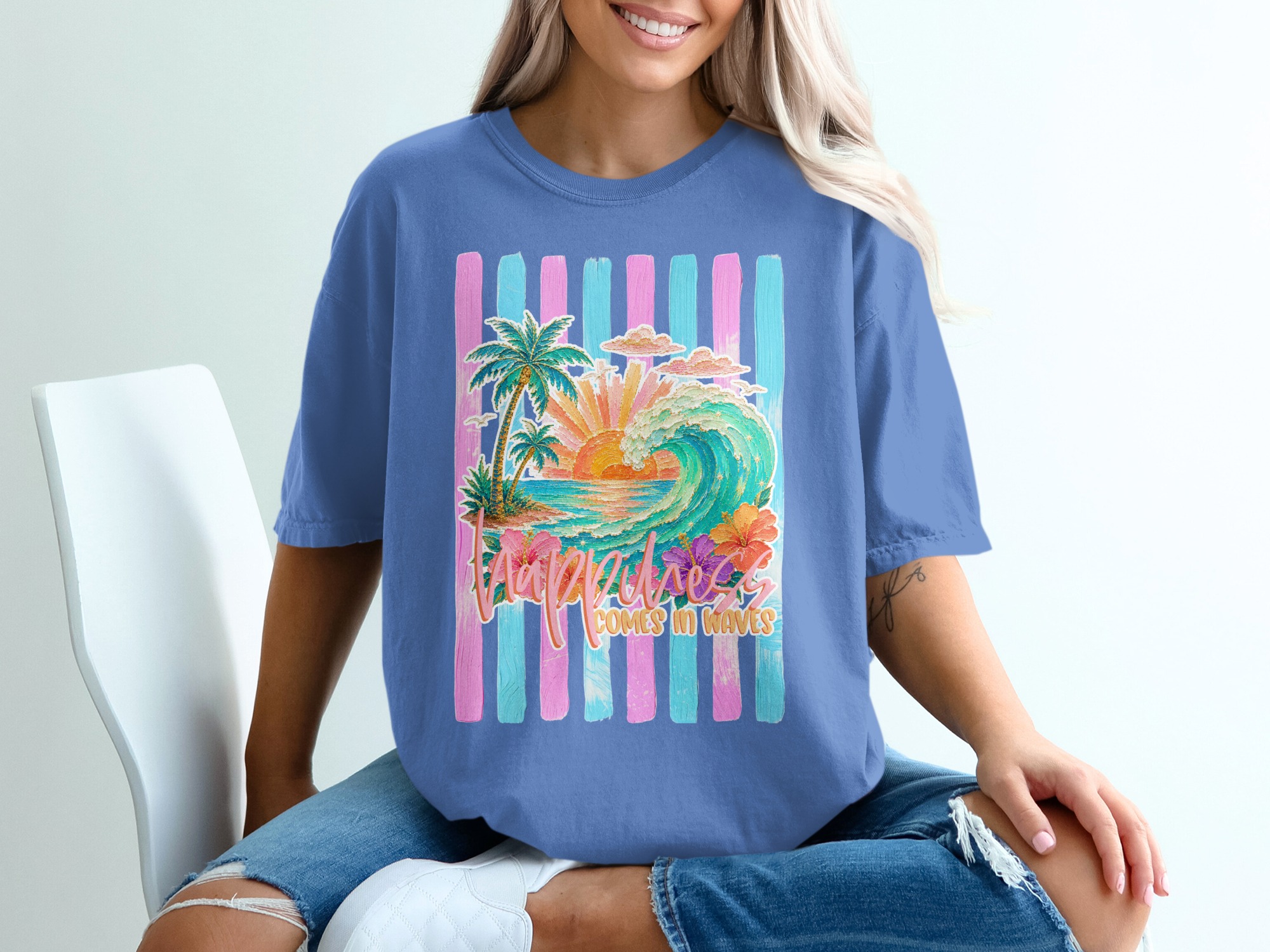 Comfort Colors ® Happiness Comes in Waves T-Shirt, Tropical Sunset Beach Wave Graphic Tee, Vacation Shirt, Ocean Lover Gift for Her, Summer - Image 20