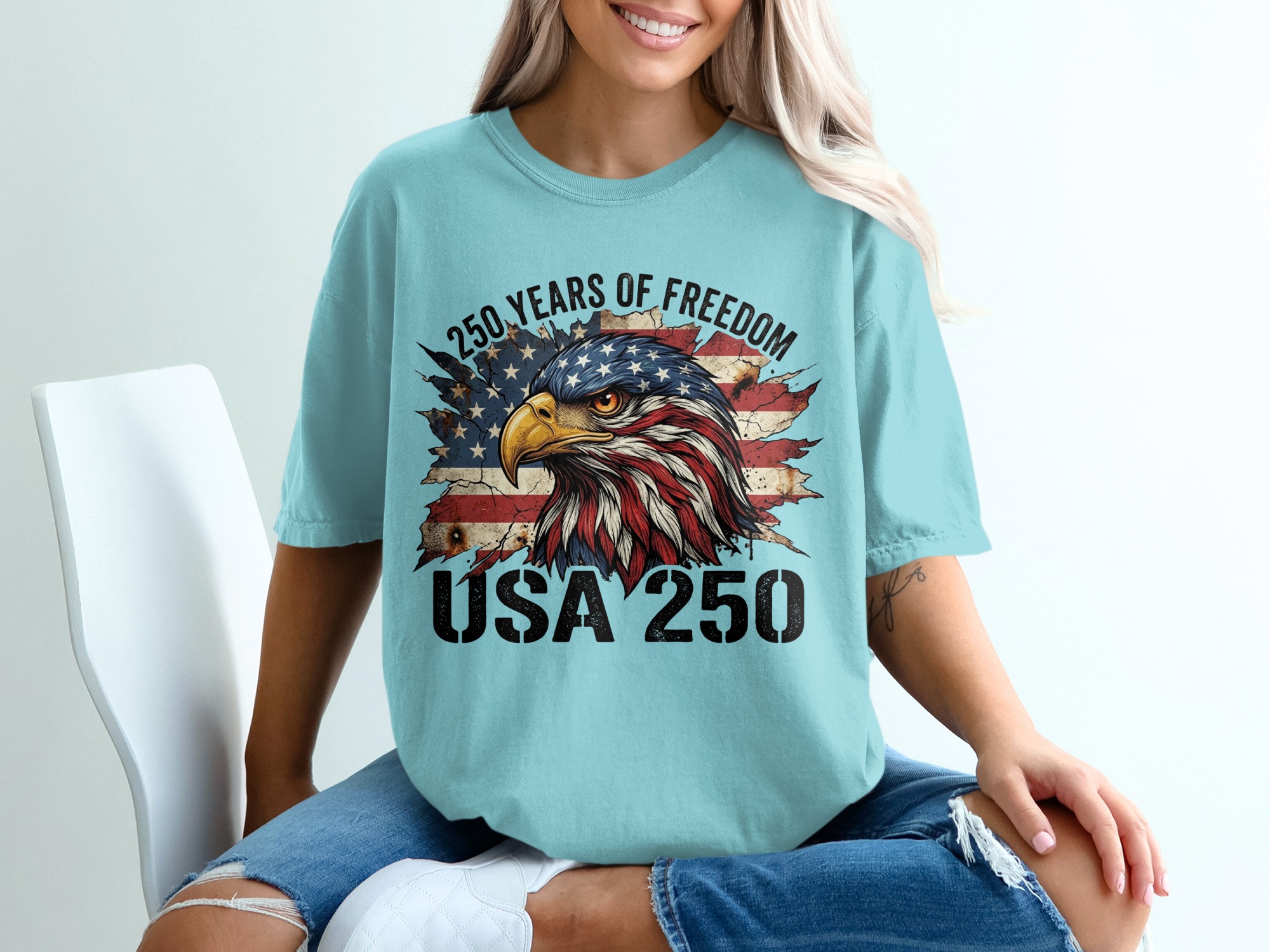 Patriotic American Eagle T-Shirt, USA 250 Years of Freedom Flag Tee, Distressed Heritage Commemorative Independence Day Shirt - Image 19