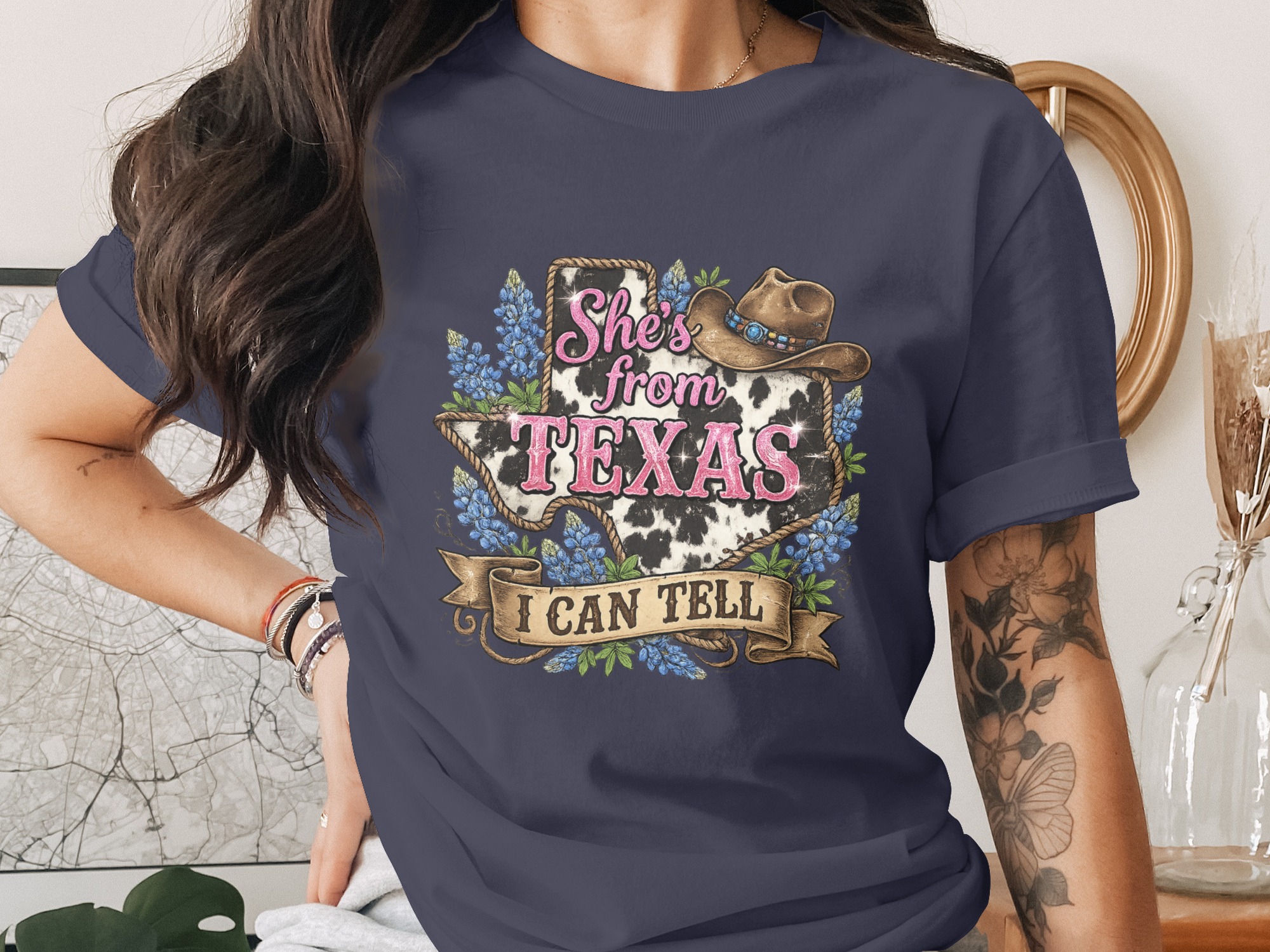 She's from Texas T-Shirt, Cow Print Bluebonnet Texas Tee, Western Country Style Southern Pride Gift for Her - Image 3