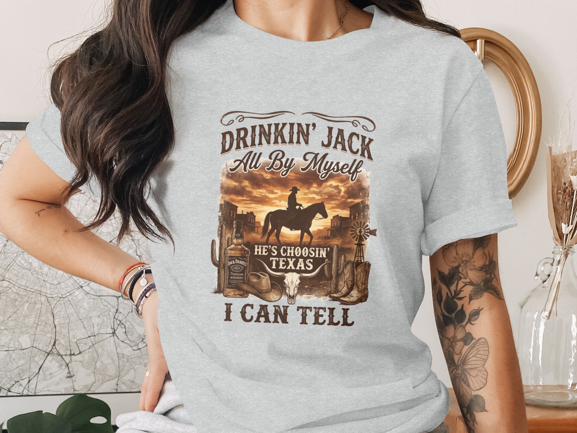 Western Cowboy Texas T-Shirt | Rustic Country Style Graphic Tee for Men & Women | Whiskey Bottle & Bull Skull Design - Image 2