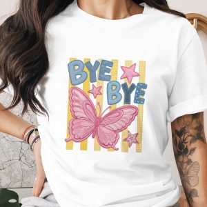 Bye Bye Butterfly T-Shirt, Whimsical Stitched Effect Appliqué Tee, Playful Kidcore Aesthetic Stars Top, Cute Y2K Style Gift