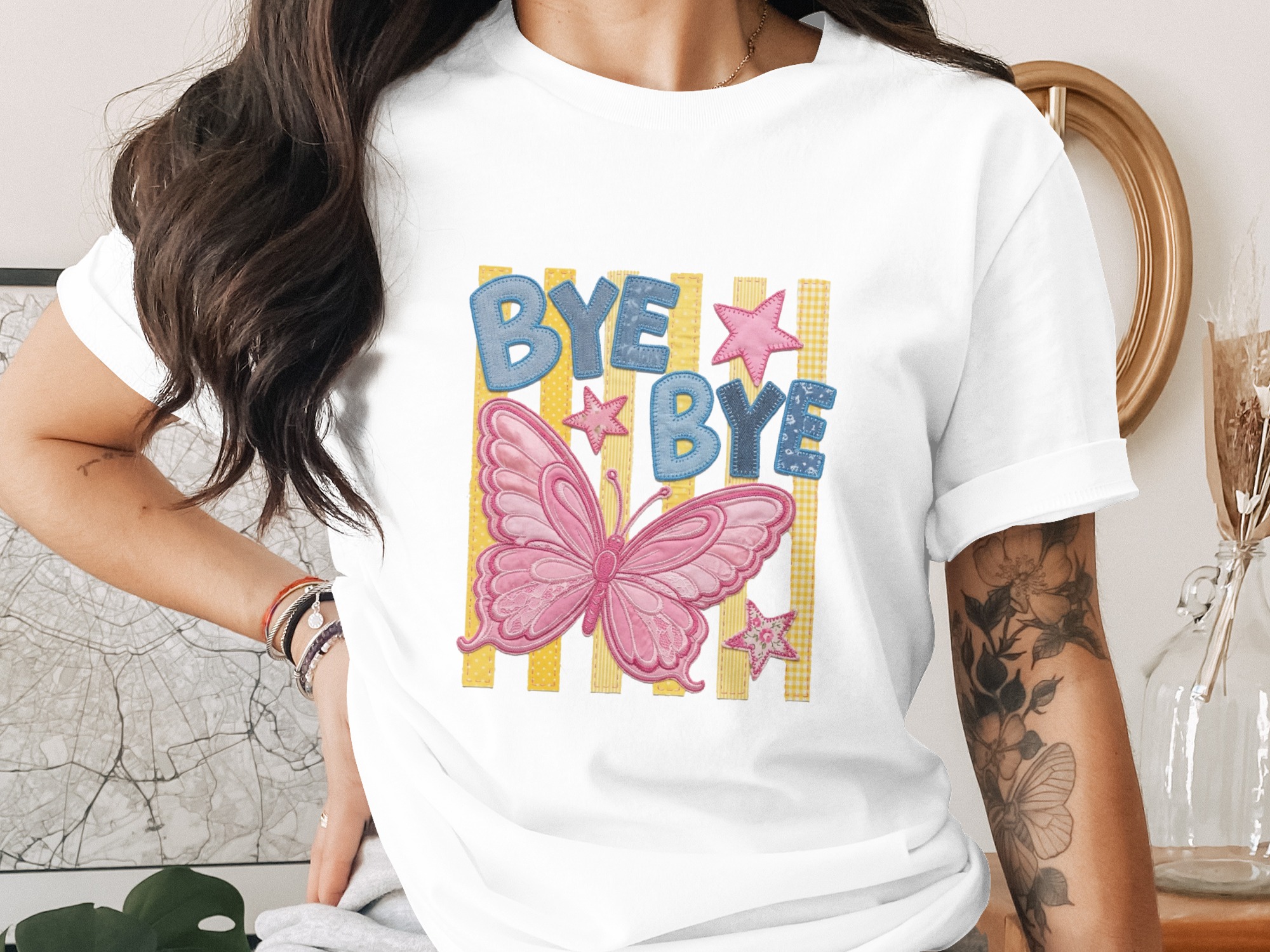 Bye Bye Butterfly T-Shirt, Whimsical Stitched Effect Appliqué Tee, Playful Kidcore Aesthetic Stars Top, Cute Y2K Style Gift