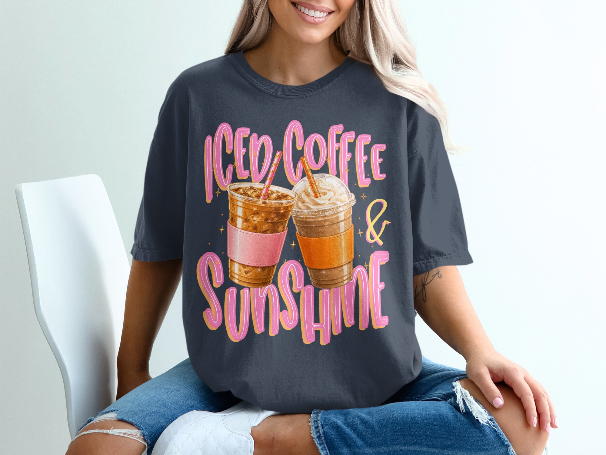 Iced Coffee Sunshine T-Shirt, Summer Vibes Gift, Coffee Lover Aesthetic Tee, Cute Caffeine Graphic Shirt, Women's Trendy Top - Image 12