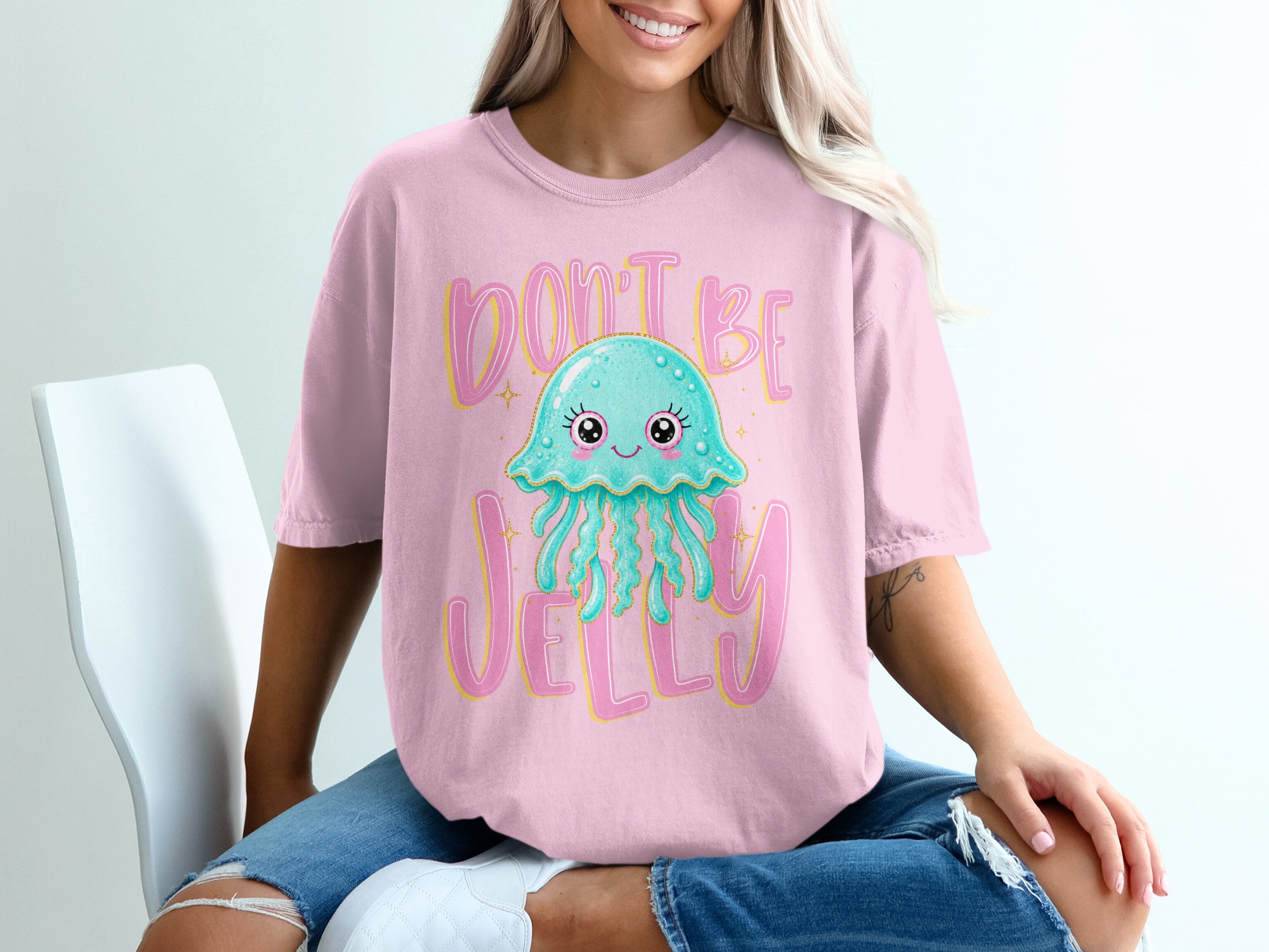 Don't Be Jelly T-Shirt, Cute Jellyfish Shirt, Kawaii Ocean Pun Tee, Faux Glitter Effect Sea Animal Top, Funny Beach Vibe Tee, Gift for Her - Image 17