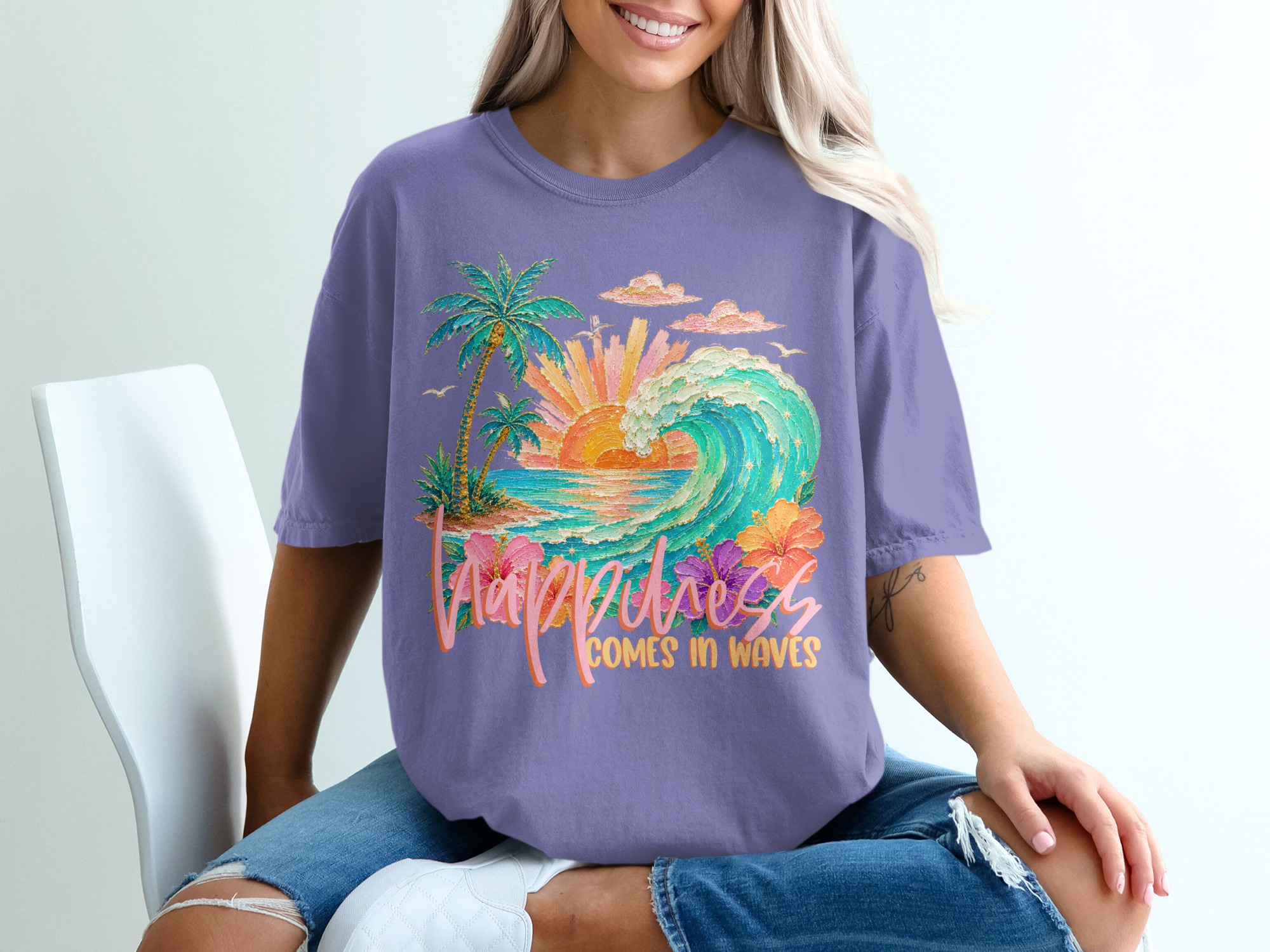 Happiness Comes in Waves T-Shirt, Tropical Beach Vacation Tee, Faux Glitter Print Ocean Wave Design, Palm Tree Sunset, Coastal Boho Summer - Image 13