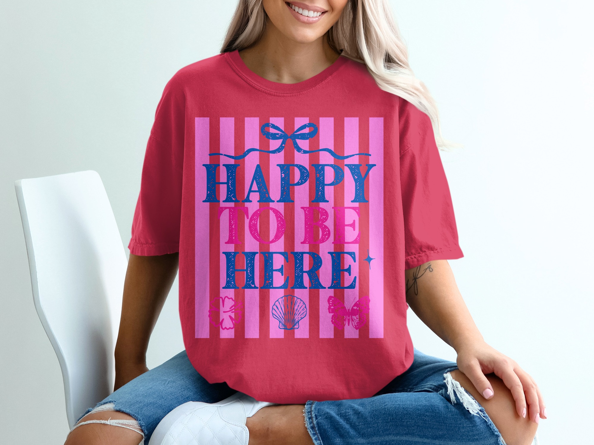 Happy To Be Here T-shirt | Barbiecore Aesthetic Tee | Pink & Blue Summer Vacation Shirt | Positive Vibes Travel Tee Gift for Her - Image 14