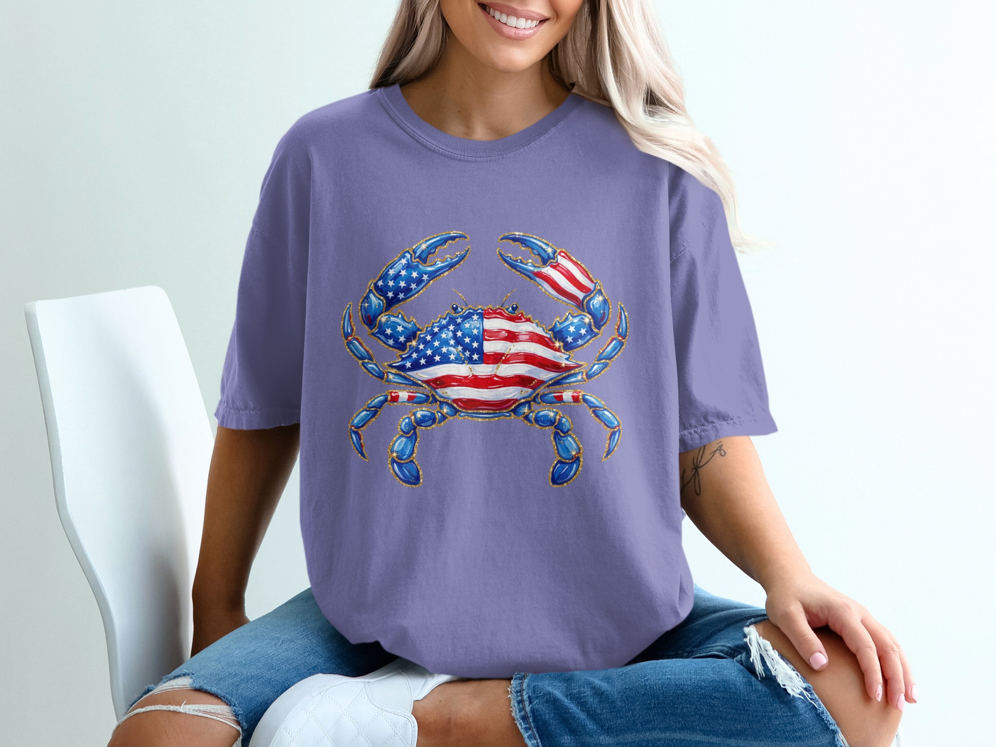 Patriotic Crab T-Shirt, American Flag Glitter Effect Crab Tee, Fourth of July Summer Top, USA Pride Coastal Crab Lover Gift - Image 13