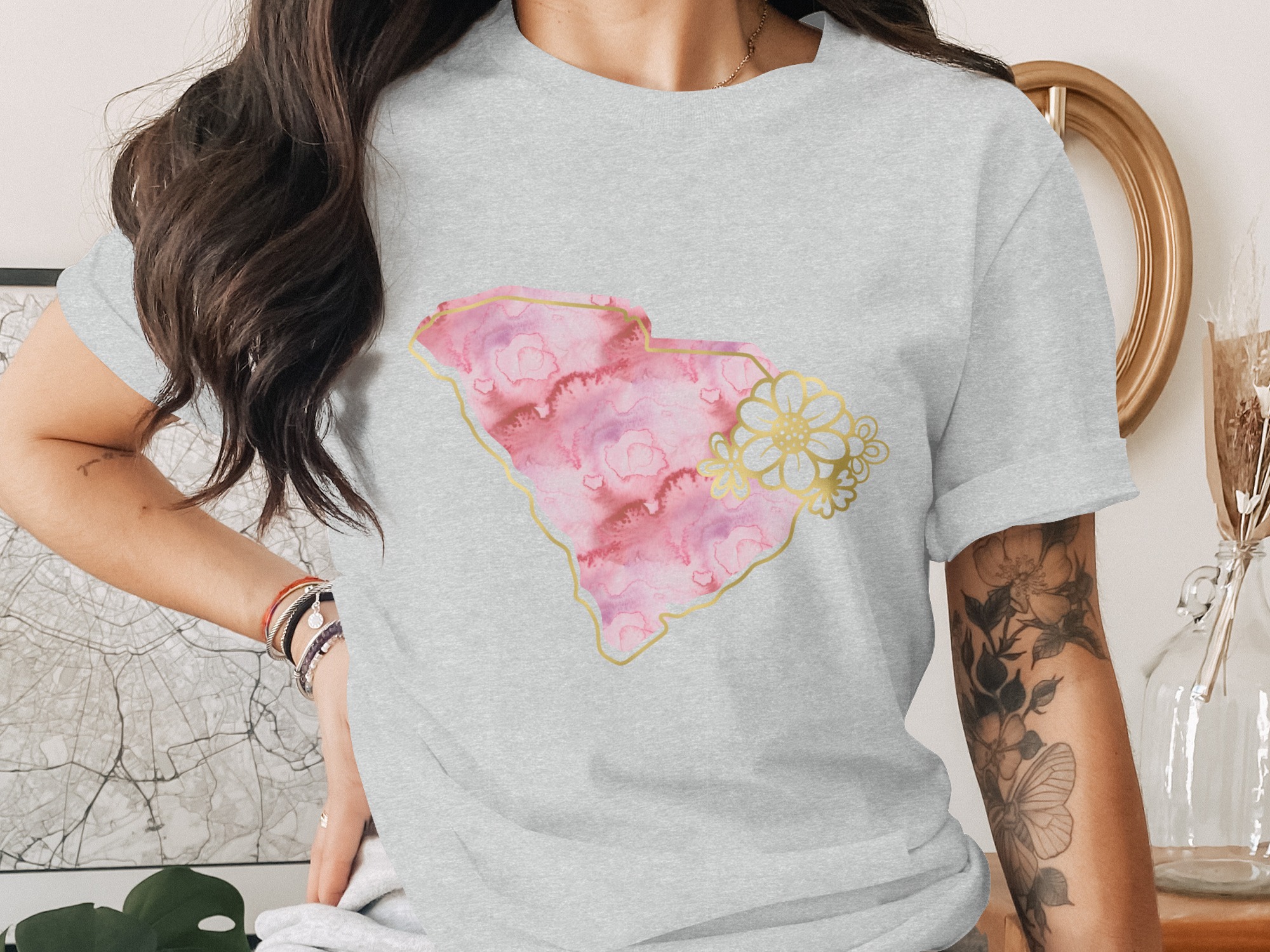 South Carolina Watercolor T-Shirt | SC State Pink Faux Gold Floral Tee | Palmetto State Southern Gift - Image 2