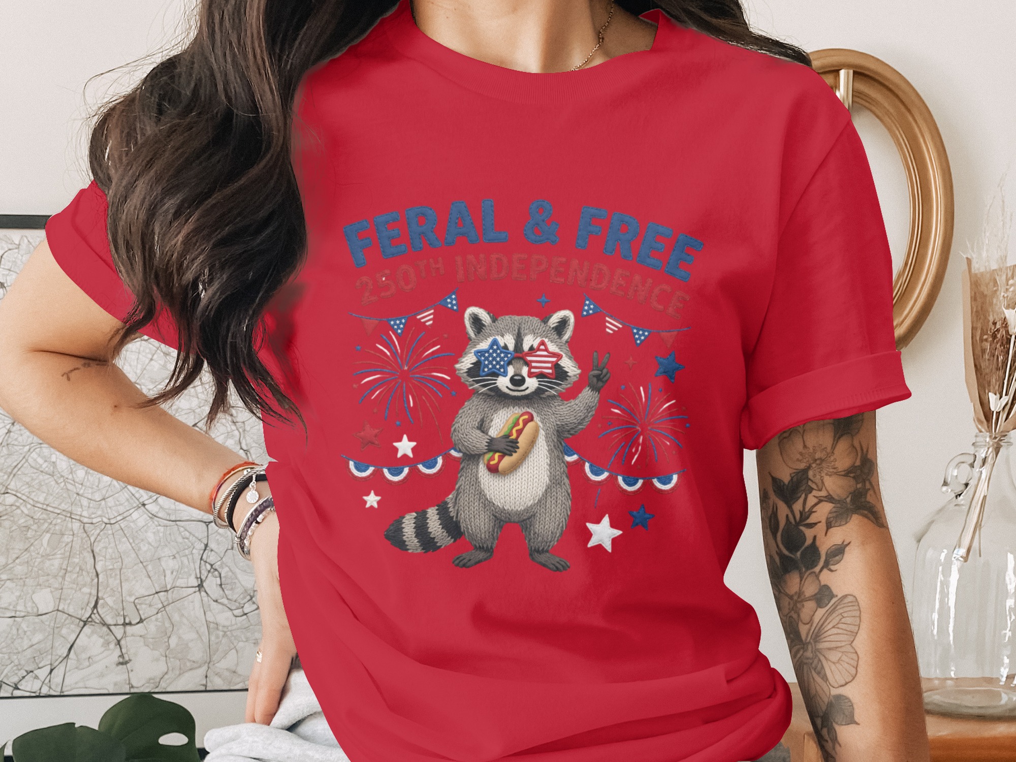 Feral Free Independence T-Shirt, Raccoon Fourth of July Tee, Patriotic Animal Shirt, 250th USA Celebration Gift Idea - Image 4