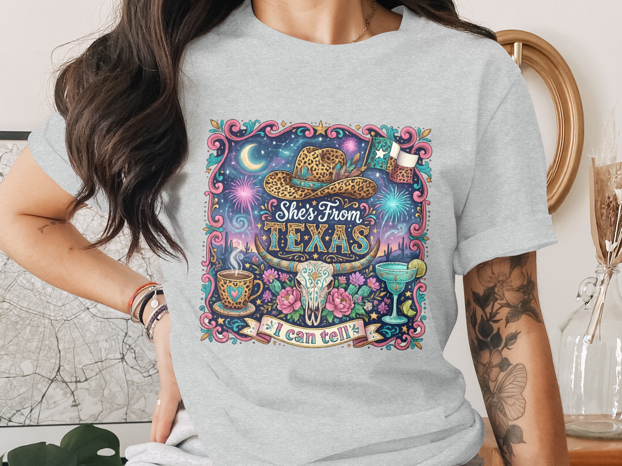 She's From Texas T-Shirt, Western Boho Cowgirl Tee, Texas Pride Gift for Her, Leopard Print Cowboy Hat Longhorn Skull Desert Shirt - Image 2
