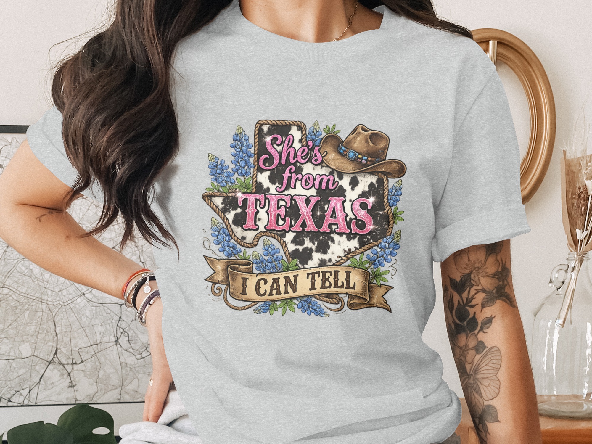 She's from Texas T-Shirt, Cow Print Bluebonnet Texas Tee, Western Country Style Southern Pride Gift for Her - Image 2