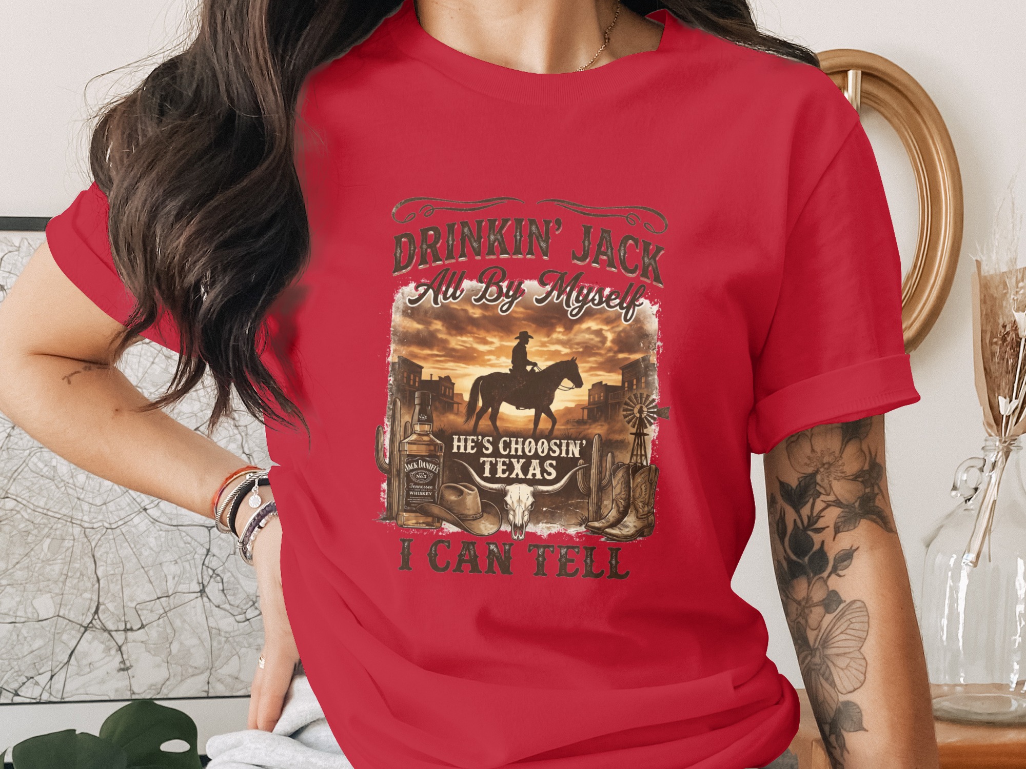 Western Cowboy Texas T-Shirt | Rustic Country Style Graphic Tee for Men & Women | Whiskey Bottle & Bull Skull Design - Image 4