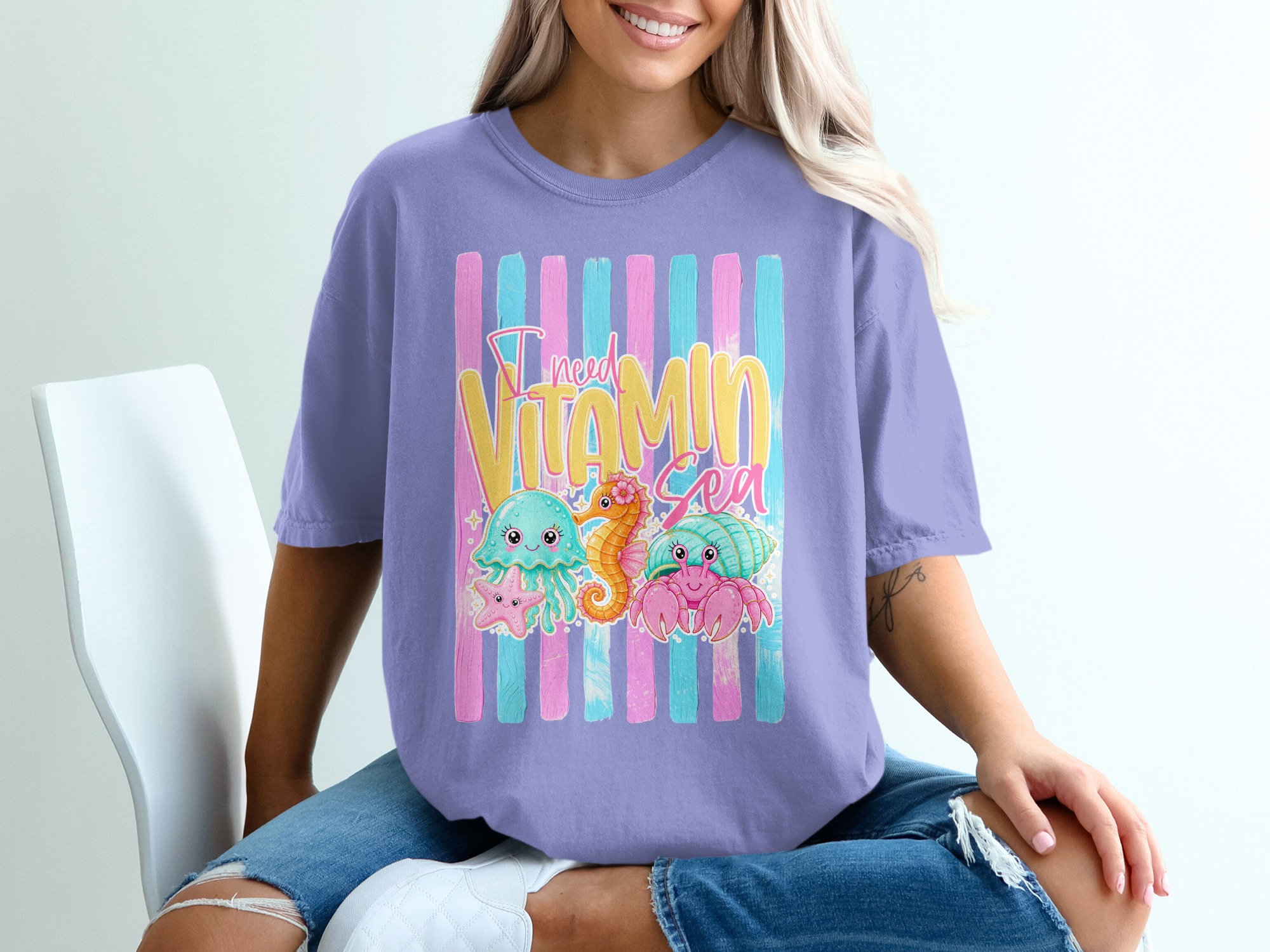 Comfort Colors® Vitamin Sea T-Shirt, Cute Ocean Animals Tee, Beach Vacation Shirt, Summer Vibes Jellyfish Seahorse Crab Gift - Image 18