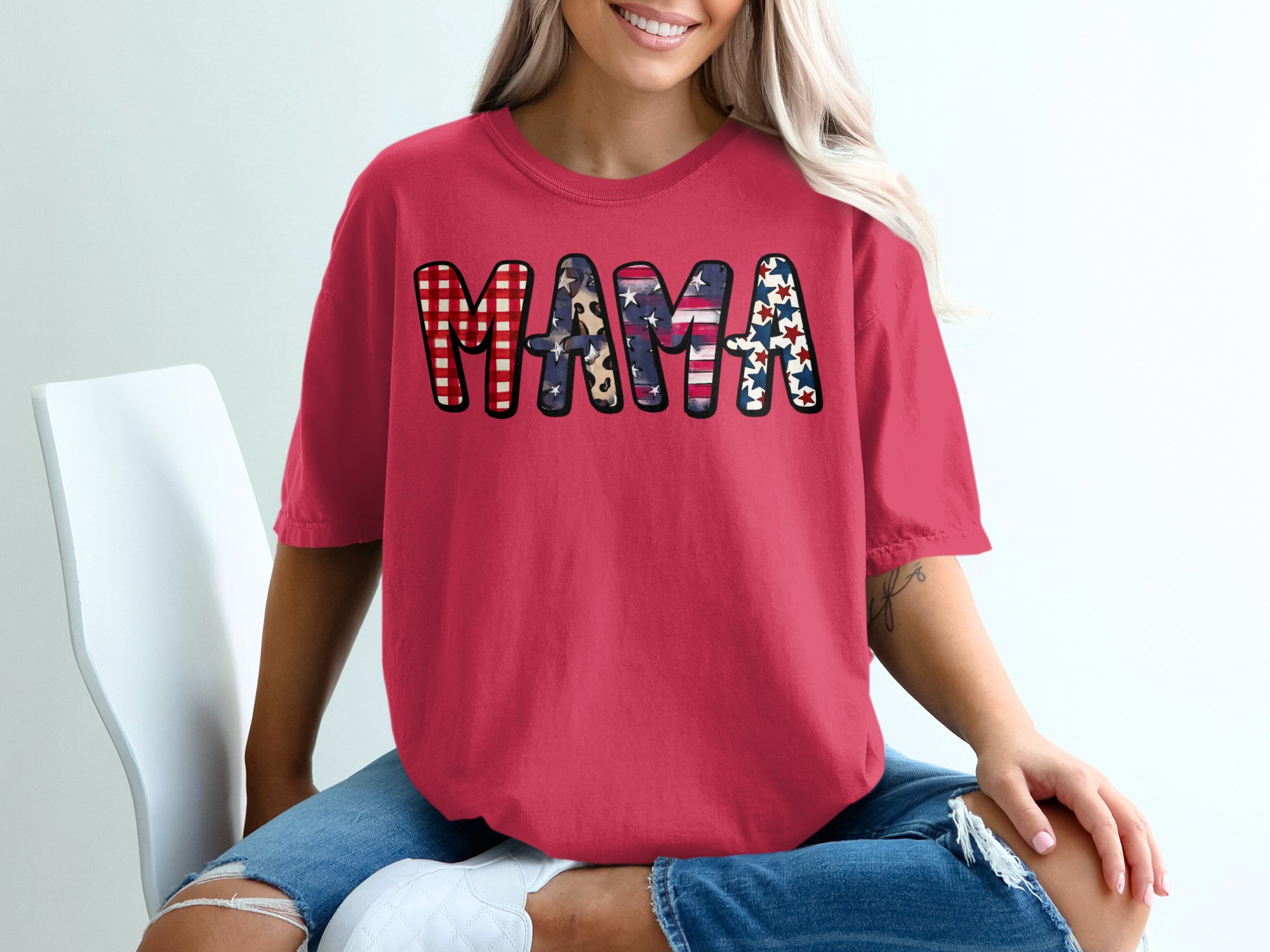 Patriotic Mama T-Shirt, American Flag Gingham Leopard Print Mom Life Tee, Distressed USA Stars Fourth of July Gift - Image 14