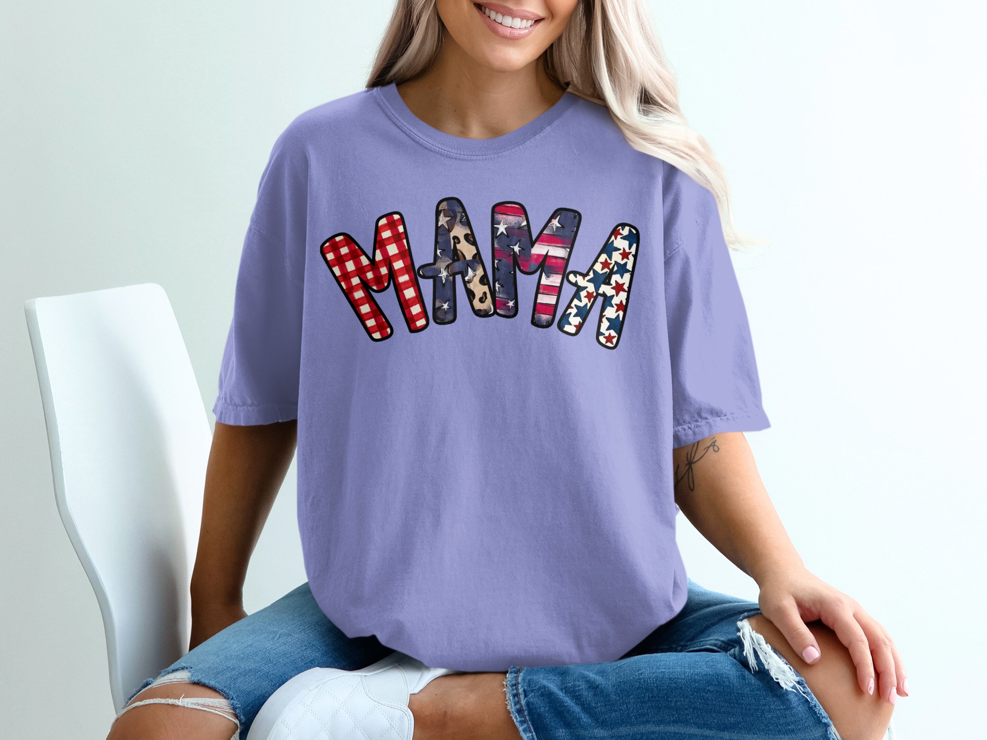 Patriotic Mama T-Shirt, Distressed American Flag Gingham Leopard Stars Graphic Tee, Mama Bear Gift, Fourth of July Outfit - Image 18