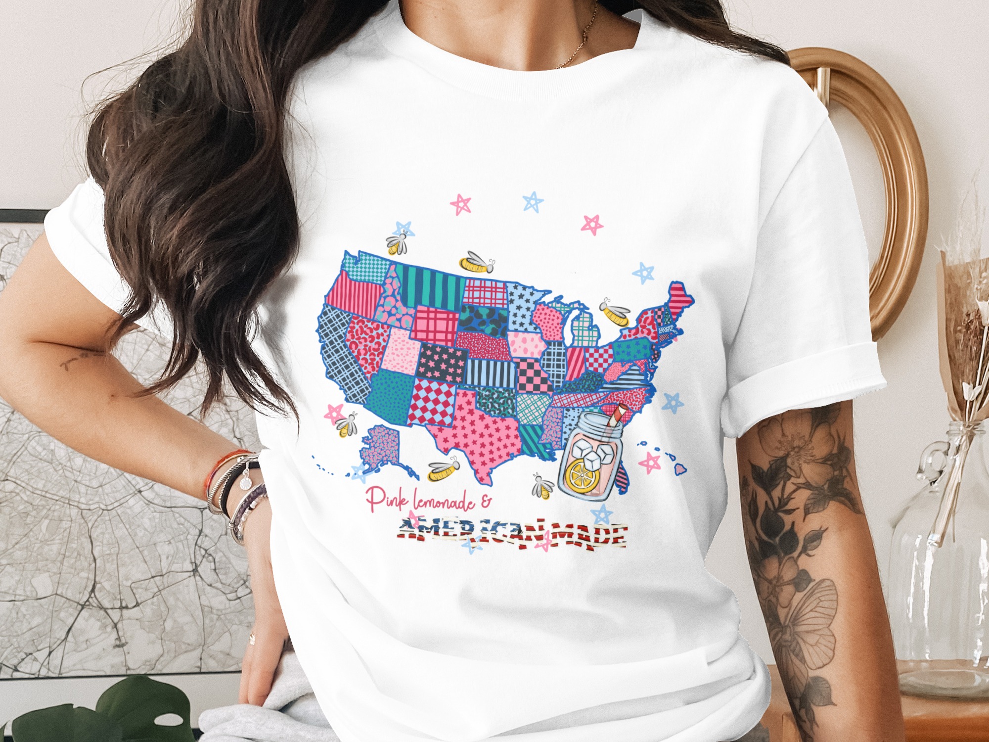 Pink Lemonade American Made T-Shirt | Patriotic Quilt USA Map Tee | 4th of July Summer Vacation Gift
