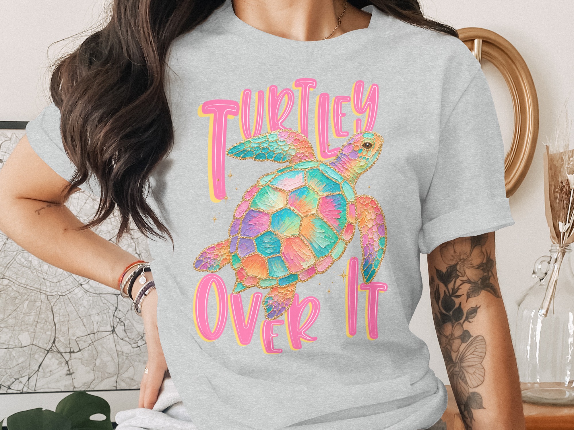 Turtley Over It T-Shirt, Faux Glitter Sea Turtle Tee, Sarcastic Beach Shirt, Colorful Ocean Lover Gift, Summer Vacation Top - Image 2