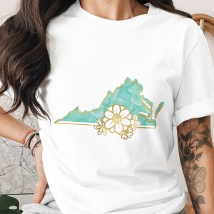 Virginia T-Shirt, Faux Gold Virginia State with Watercolor Floral Tee, VA Native Gift, Boho Chic Travel Souvenir Top for Her