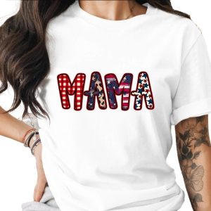 Patriotic Mama T-Shirt, Western Mama Shirt with Leopard Print, Buffalo Plaid Mama Gift, American Flag Star Mom Tee for Mother's Day