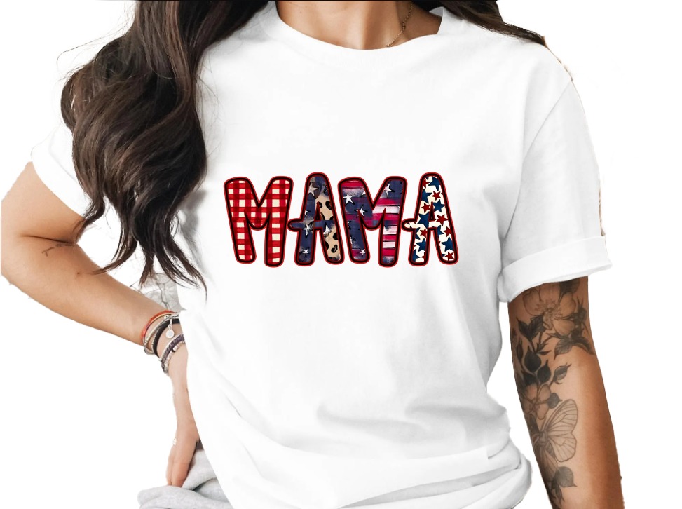 Patriotic Mama T-Shirt, Western Mama Shirt with Leopard Print, Buffalo Plaid Mama Gift, American Flag Star Mom Tee for Mother's Day