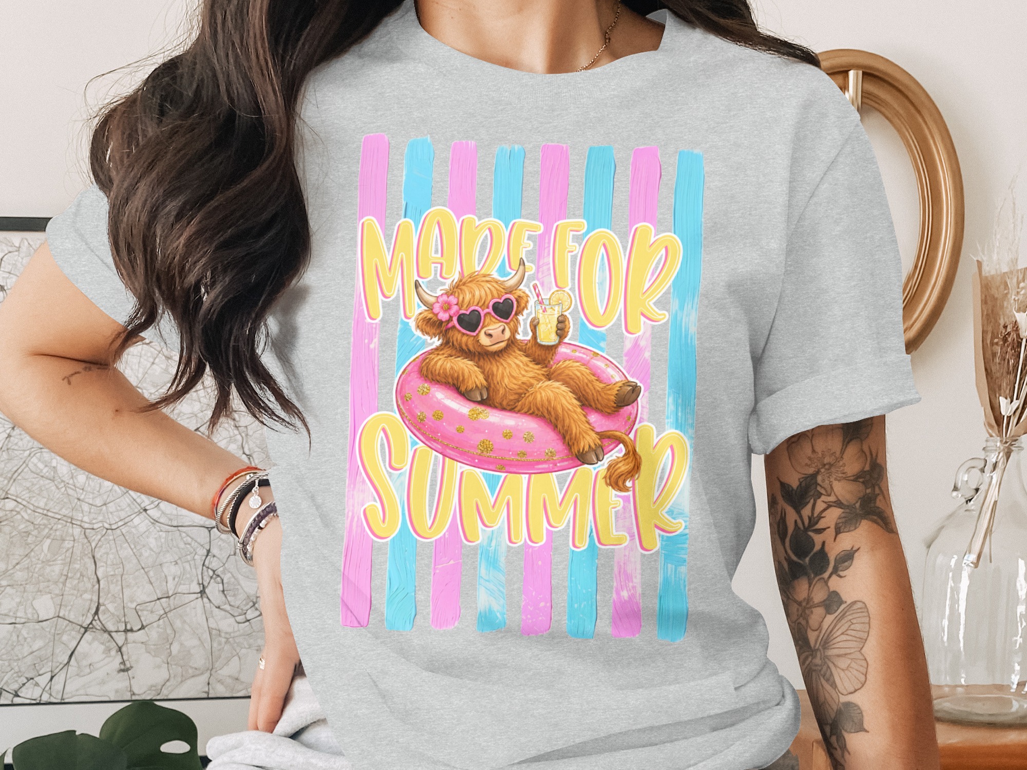 Comfort Colors ® Made For Summer Highland Cow T-Shirt, Vacation Mode Cute Cow Shirt, Beachy Pink Glitter Highland Cattle Tee, Funny Animal - Image 2