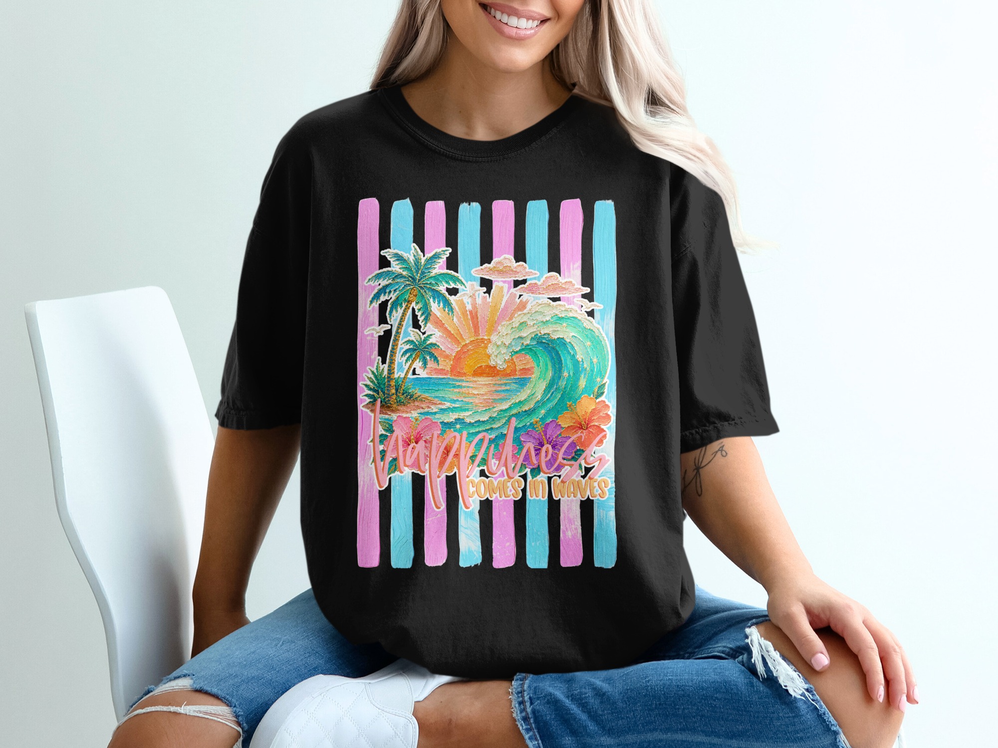 Comfort Colors ® Happiness Comes in Waves T-Shirt, Tropical Sunset Beach Wave Graphic Tee, Vacation Shirt, Ocean Lover Gift for Her, Summer - Image 8