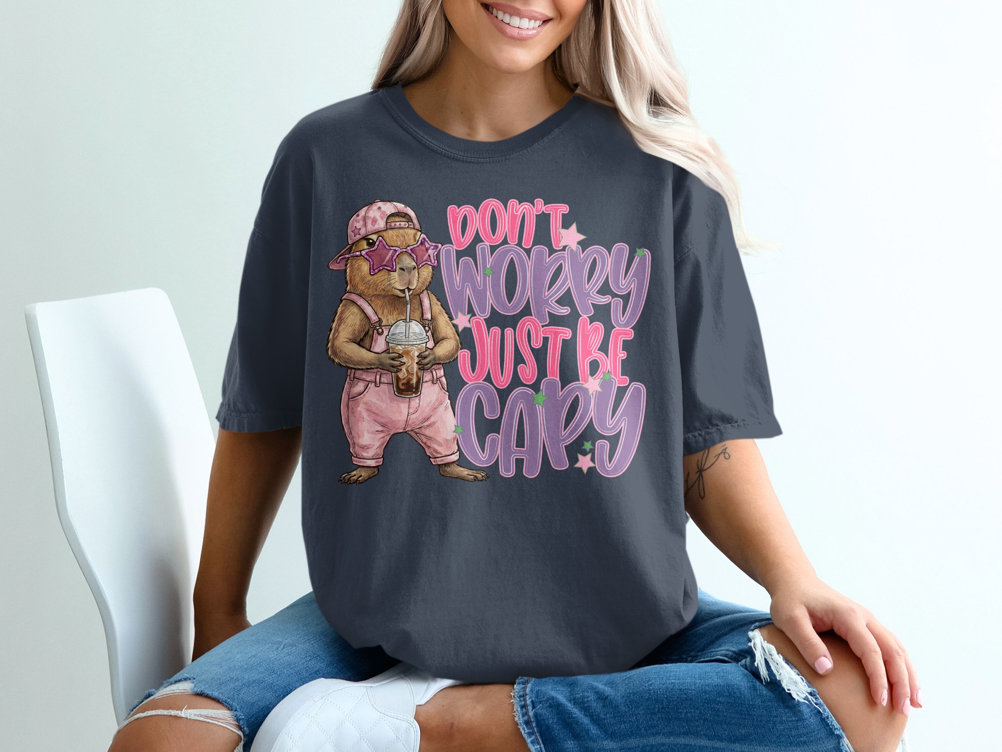 Don't Worry Just Be Capy T-Shirt, Cute Capybara Shirt, Chill Animal Tee, Iced Coffee Lover Gift, Trendy Positive Vibe Apparel - Image 12
