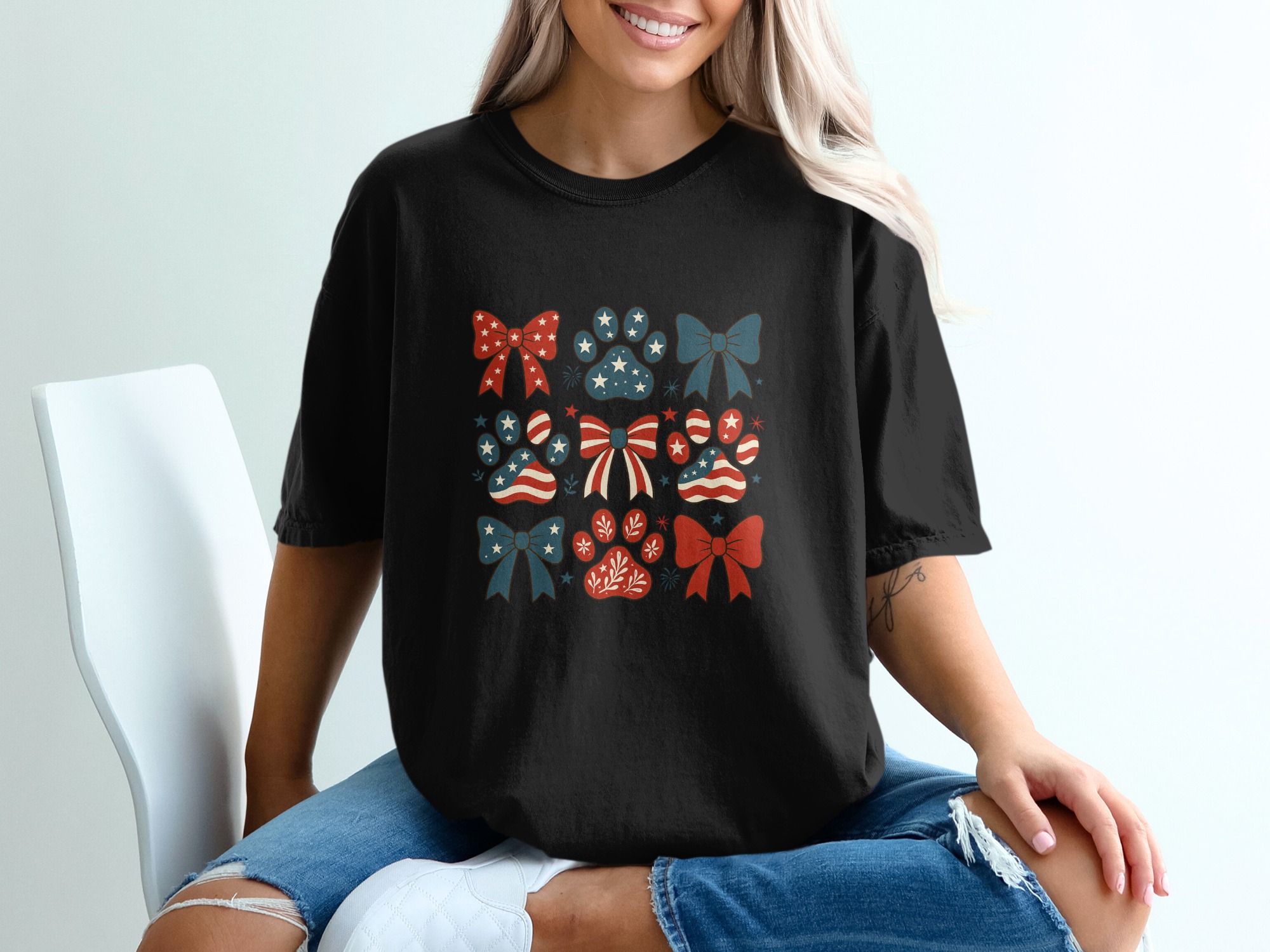 Patriotic Paw Print T-Shirt, American Flag Dog Lover Tee, 4th of July Vintage Pet Mom Gift, Distressed Americana Independence Day Shirt - Image 5