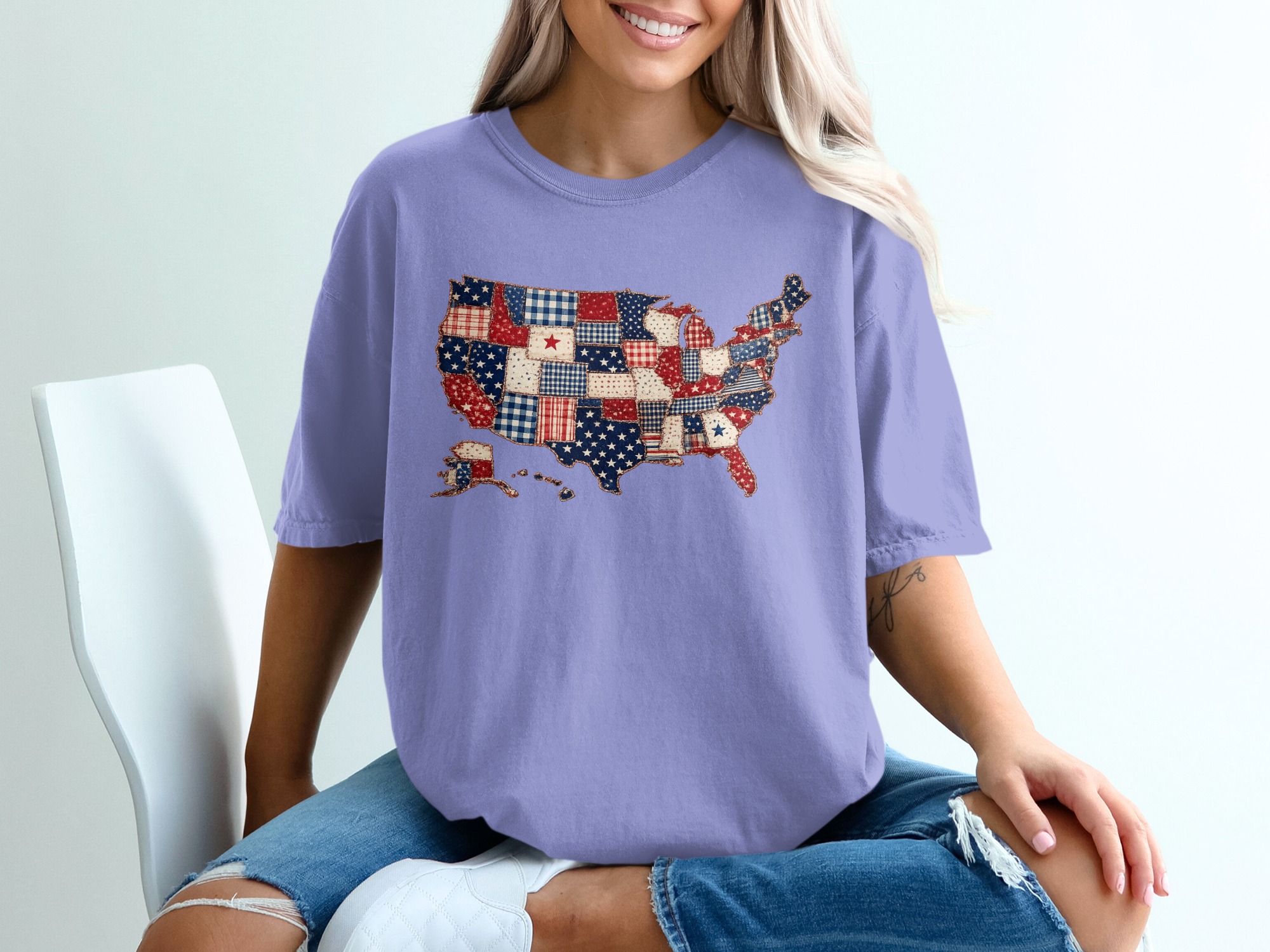 Patriotic USA Map T-Shirt, Americana Quilt Print Tee, Distressed American Flag Shirt, 4th of July Outfit, Veteran Gift Idea - Image 18