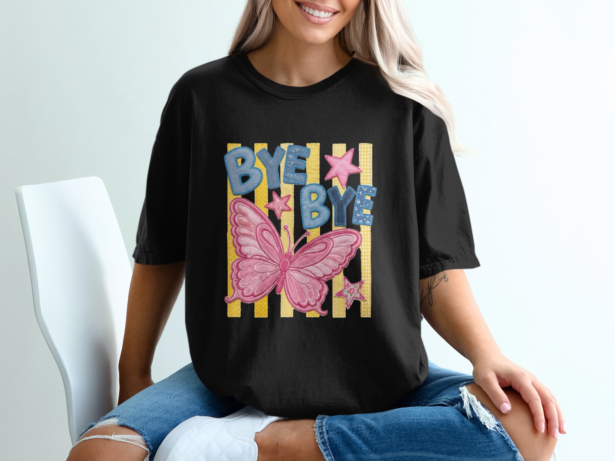 Bye Bye Butterfly T-Shirt, Whimsical Stitched Effect Appliqué Tee, Playful Kidcore Aesthetic Stars Top, Cute Y2K Style Gift - Image 5