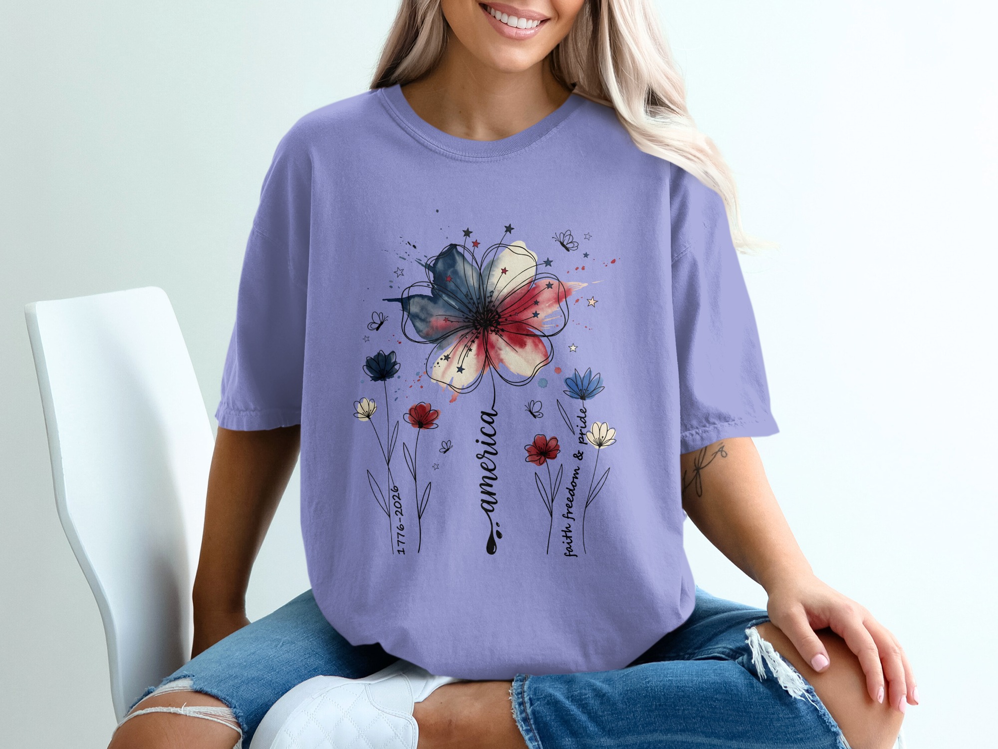 Patriotic Floral America Watercolor T-Shirt | Faith Freedom Pride Shirt | 4th of July Independence Day Tee | American Flag Flower - Image 18