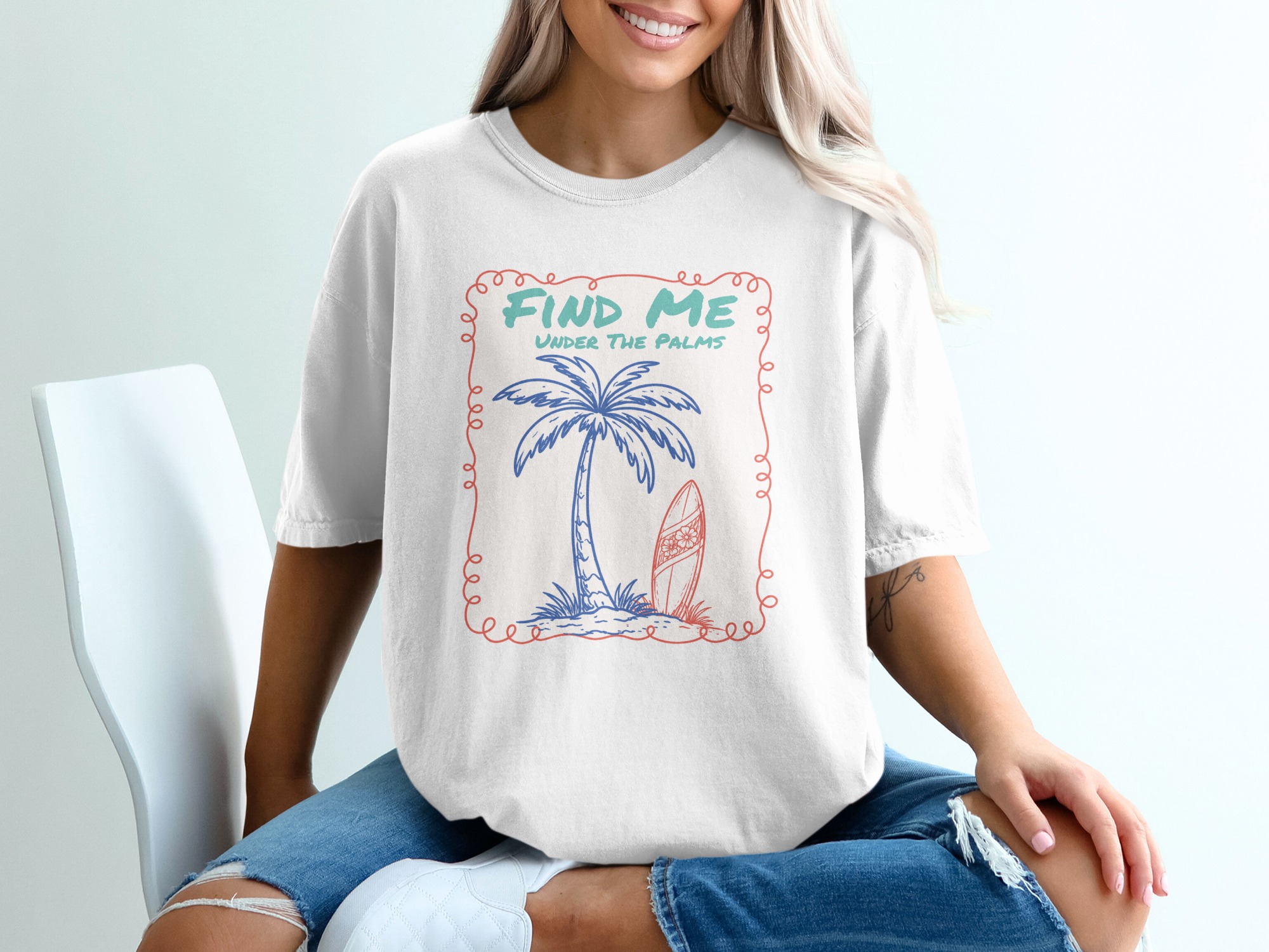 Find Me Under The Palms T-Shirt | Beachy Vacation Tee, Coastal Palm Tree Surfboard Shirt, Summer Travel Gift for Her, Relaxed Beach Vibe Top - Image 6