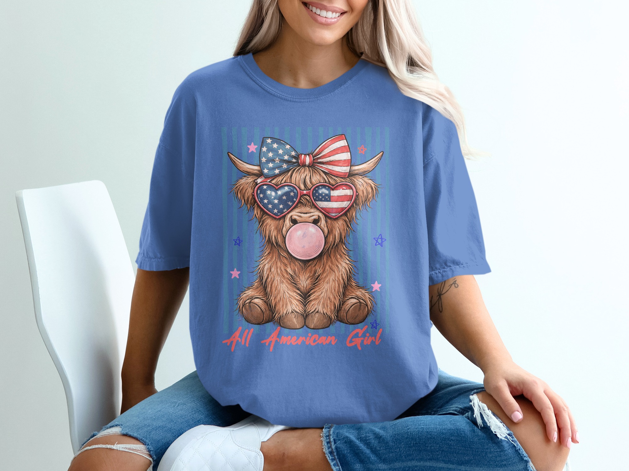 Comfort Colors® Highland Cow T-Shirt, All American Girl Patriotic Summer Tee, Cute 4th of July Western Cowgirl Gift for Her. - Image 20