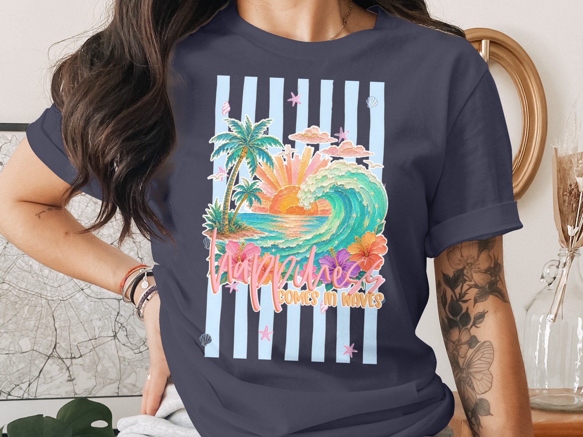 Comfort Colors® Happiness Comes in Waves T-Shirt, Beach Lover Gift, Tropical Vacation Tee, Summer Ocean Wave Sunset Shirt - Image 3