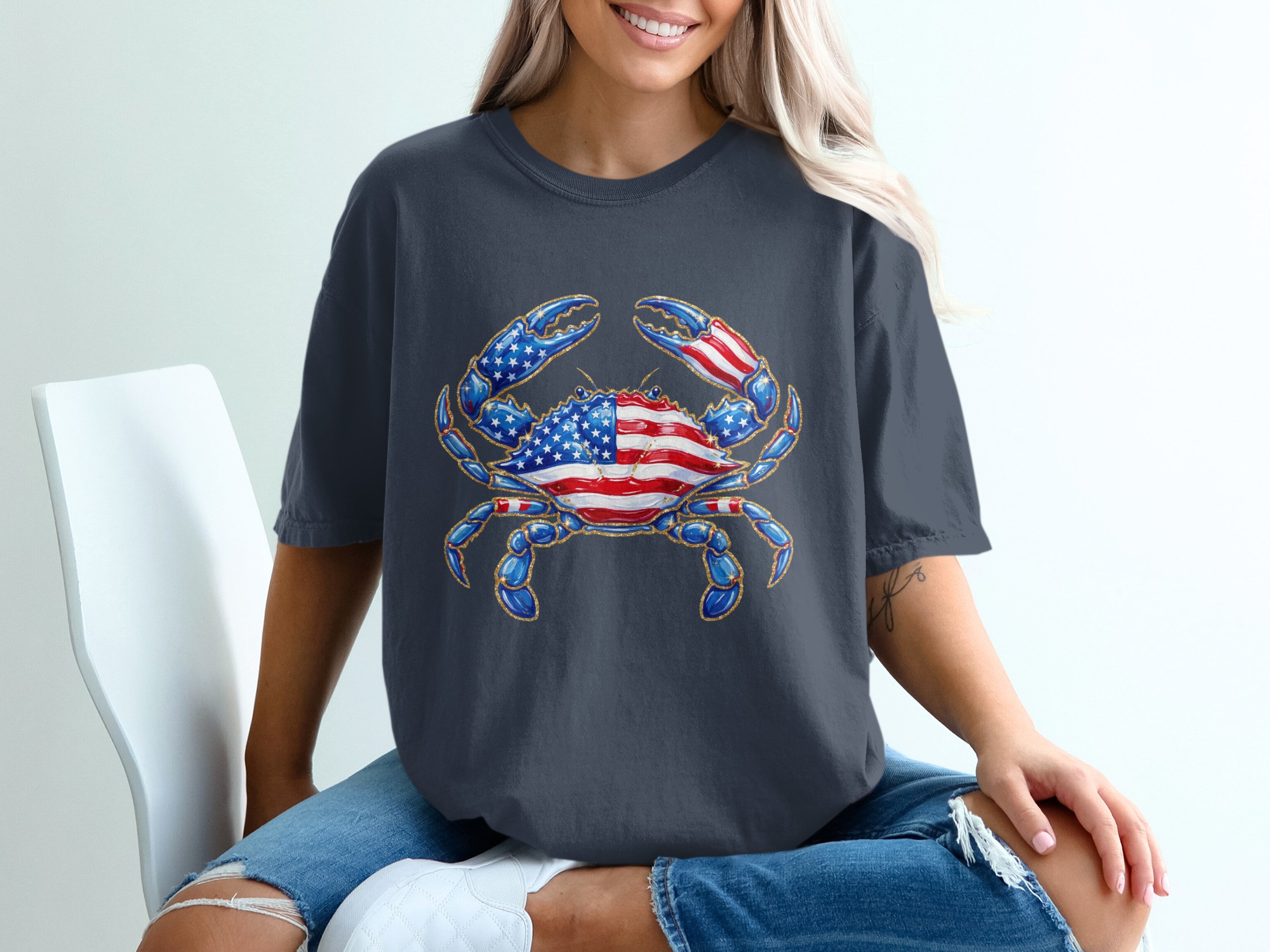 Patriotic Crab T-Shirt, American Flag Glitter Effect Crab Tee, Fourth of July Summer Top, USA Pride Coastal Crab Lover Gift - Image 12
