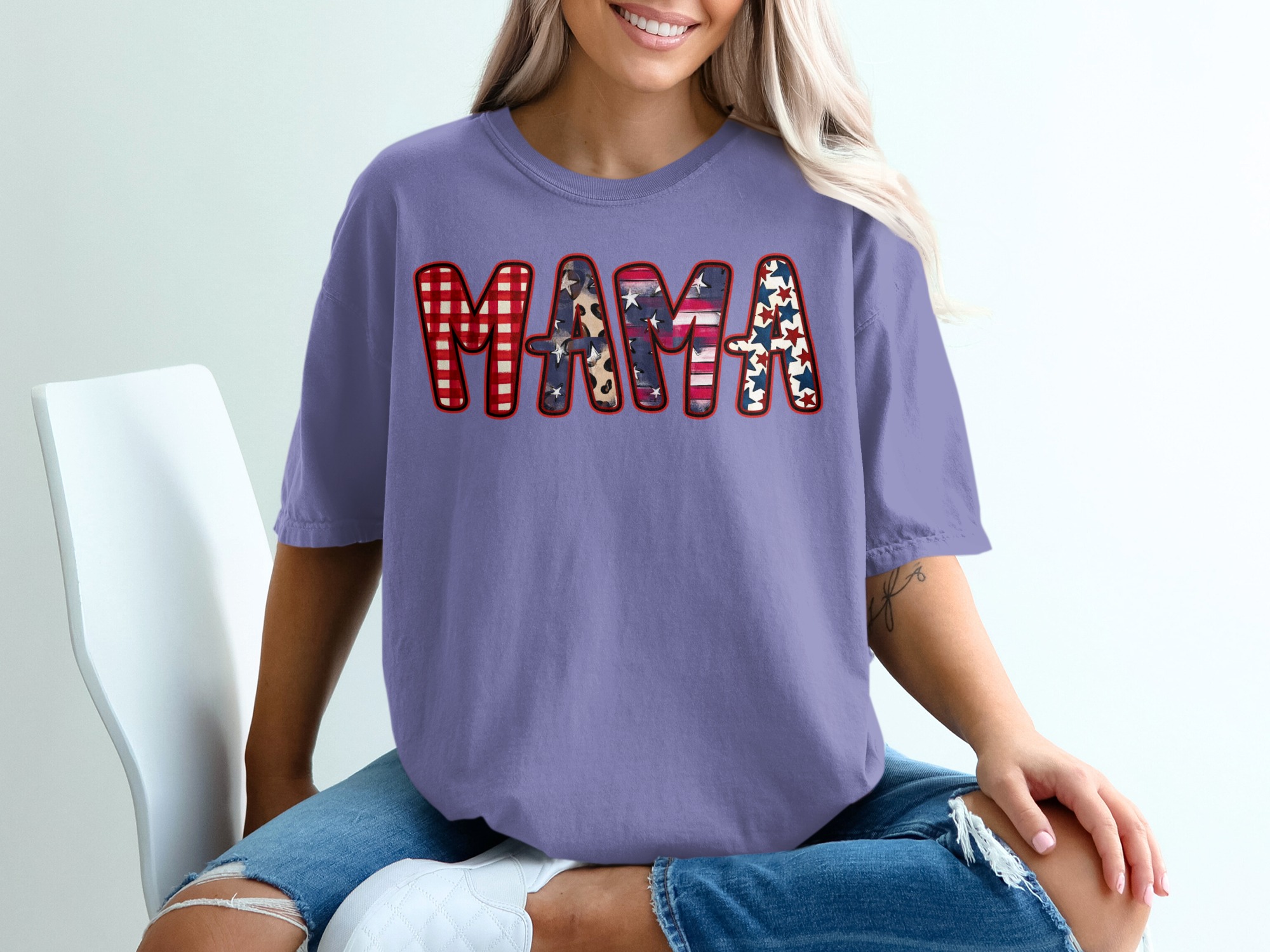Patriotic Mama T-Shirt, Western Mama Shirt with Leopard Print, Buffalo Plaid Mama Gift, American Flag Star Mom Tee for Mother's Day - Image 13