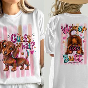 Cute Dachshund T-Shirt Comfort Colors ®, Guess What Wiener Dog Tee, Colorful Puppy Lover Gift Shirt for Her, Funny Dog Mom.
