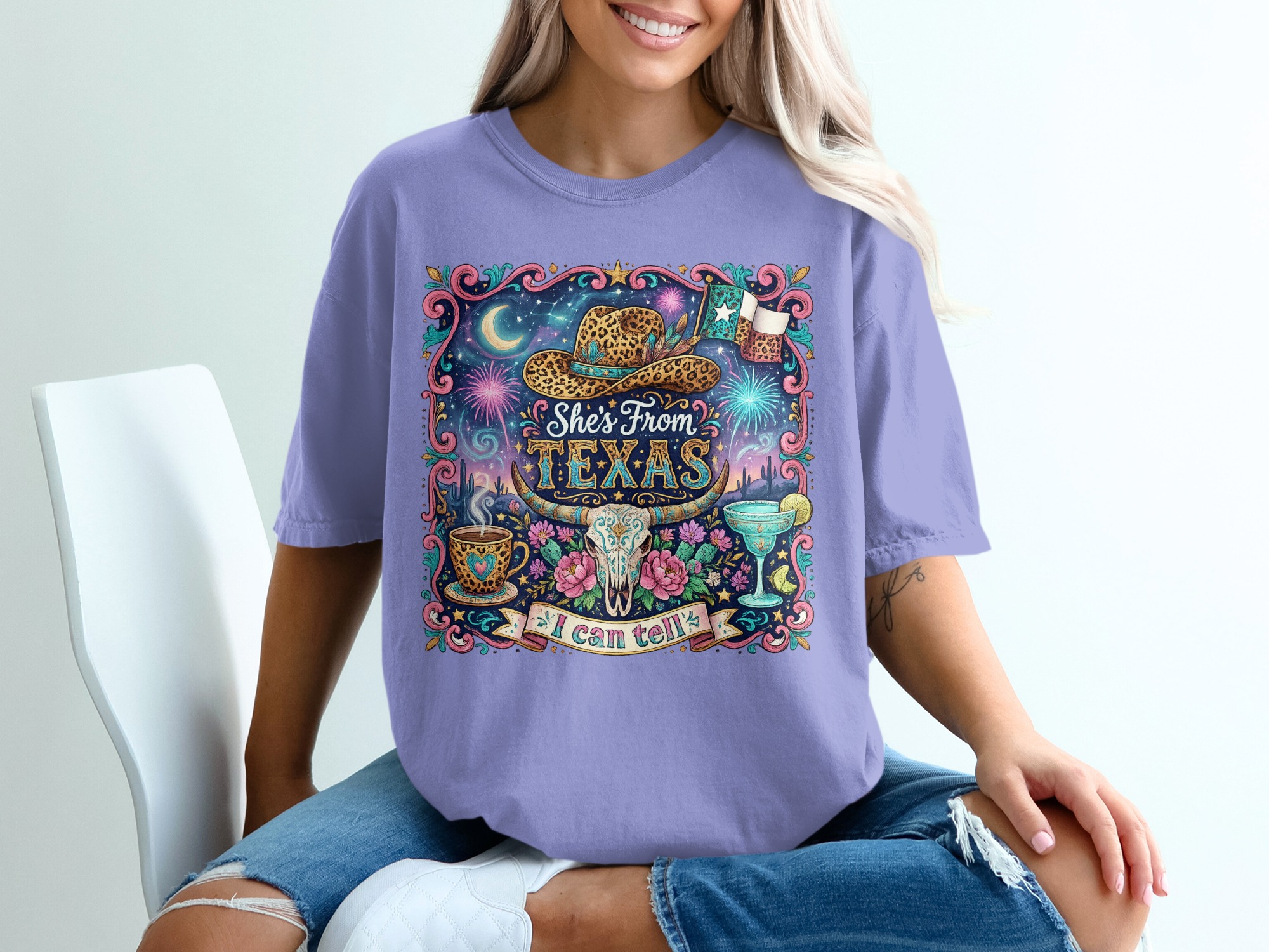 She's From Texas T-Shirt, Western Boho Cowgirl Tee, Texas Pride Gift for Her, Leopard Print Cowboy Hat Longhorn Skull Desert Shirt - Image 18
