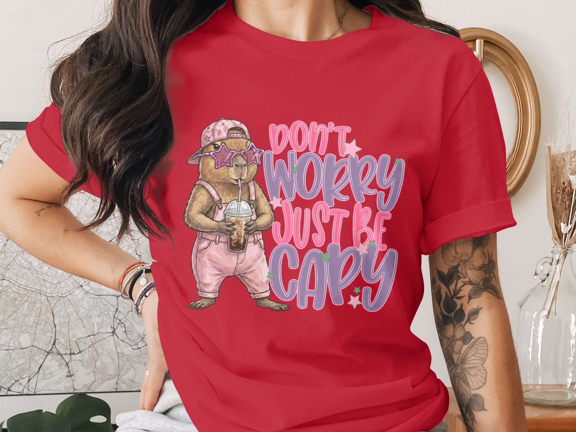 Don't Worry Just Be Capy T-Shirt, Cute Capybara Shirt, Chill Animal Tee, Iced Coffee Lover Gift, Trendy Positive Vibe Apparel - Image 4