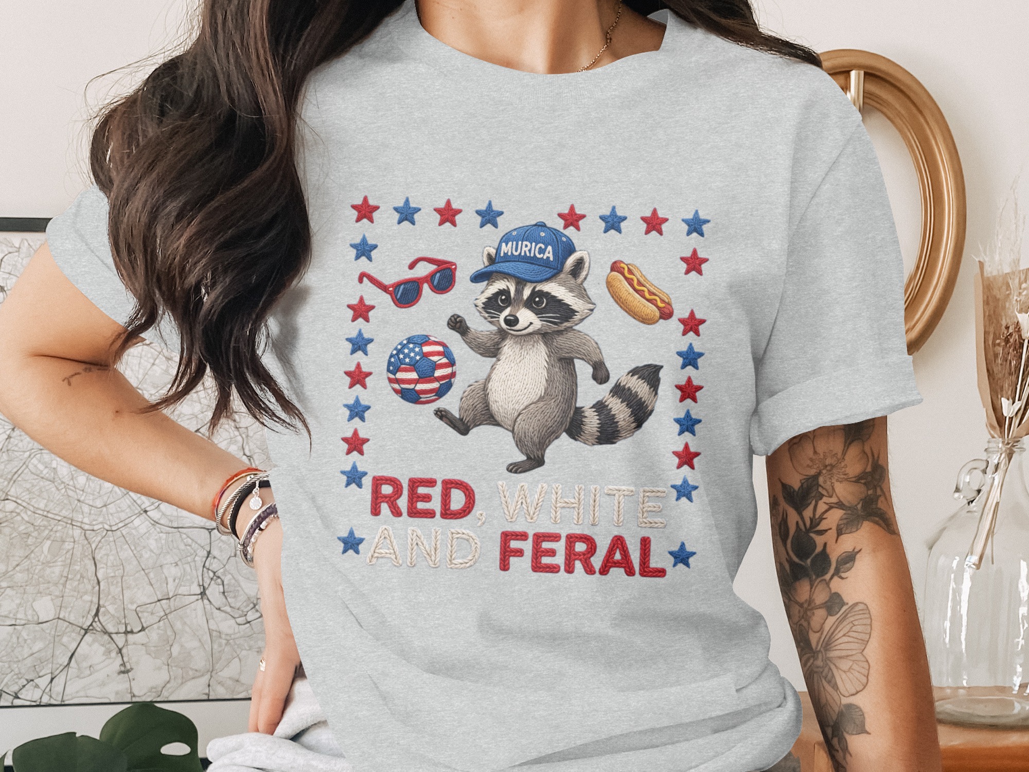 Red White and Feral Raccoon T-Shirt | Patriotic Murica Tee | Funny 4th of July Shirt | Raccoon Lover Gift | USA Holiday Outfit - Image 2