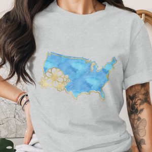 Watercolor USA Map T-Shirt, Faux Gold Floral America Outline Tee, Patriotic American Graphic Shirt, Gift for Her